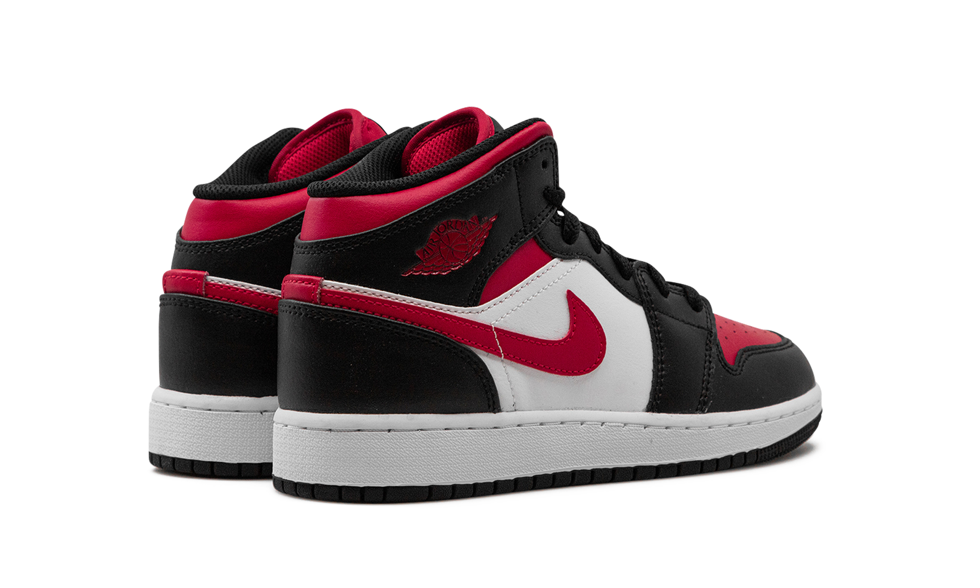 air jordan 1 mid black fire red gs+554725-079+diagnol right behind view