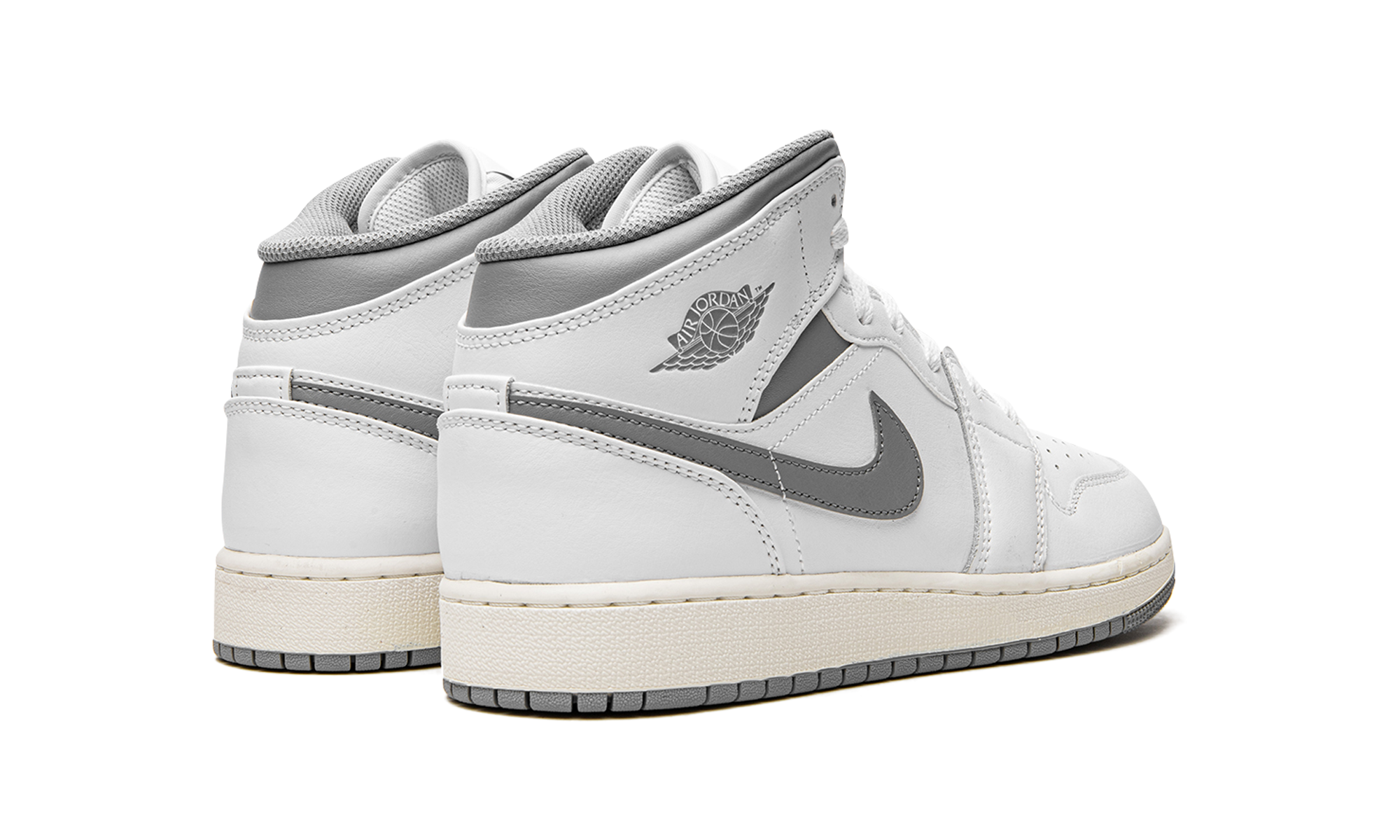 air jordan 1 mid neutral grey gs+554725-135+diagnol right behind view