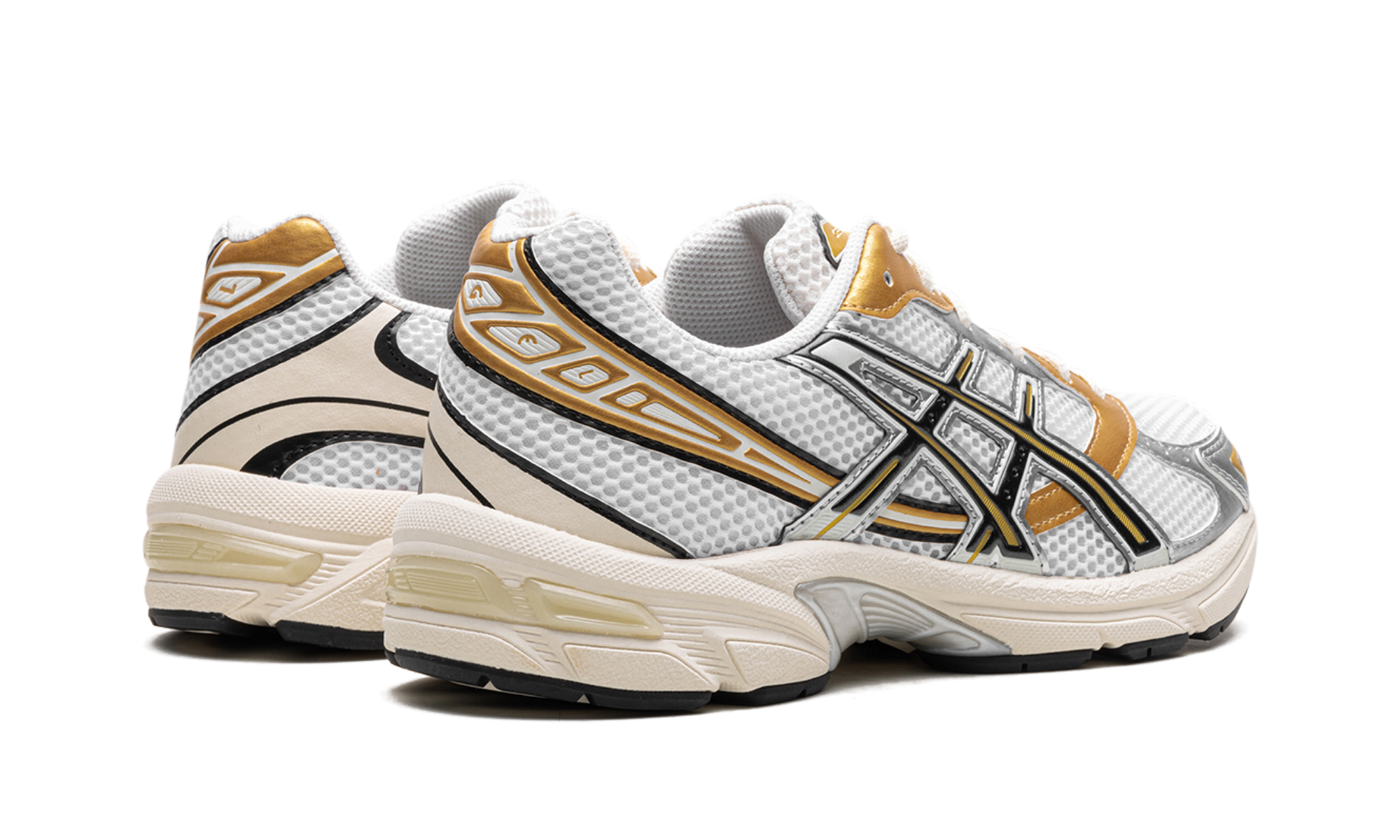asics gel 1130 white black gold+1203A698-100+diagnol right behind view