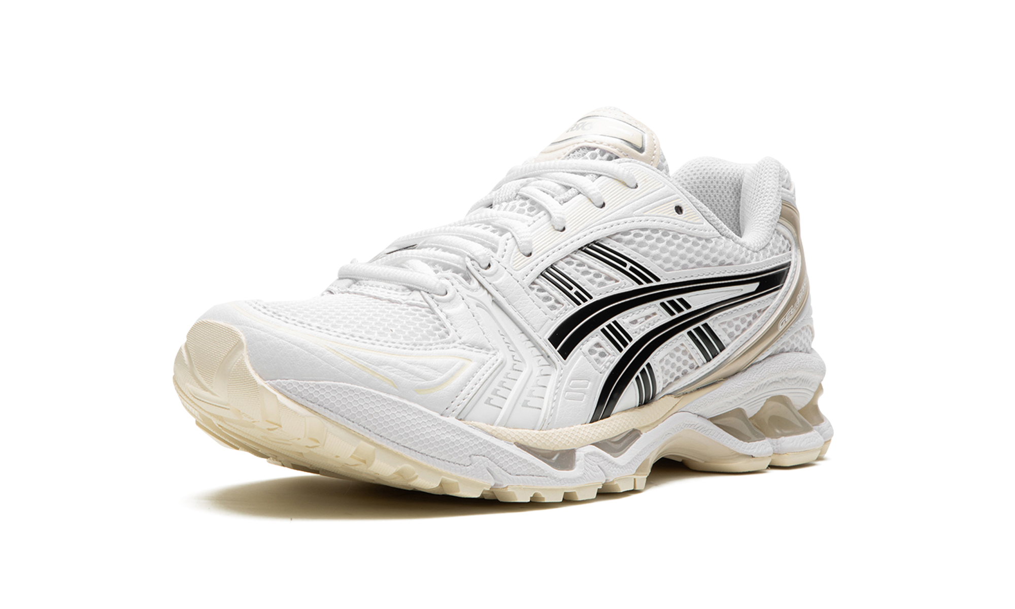 asics gel kayano 14 aritzia white black+1203A328-101+diagnol right behind view