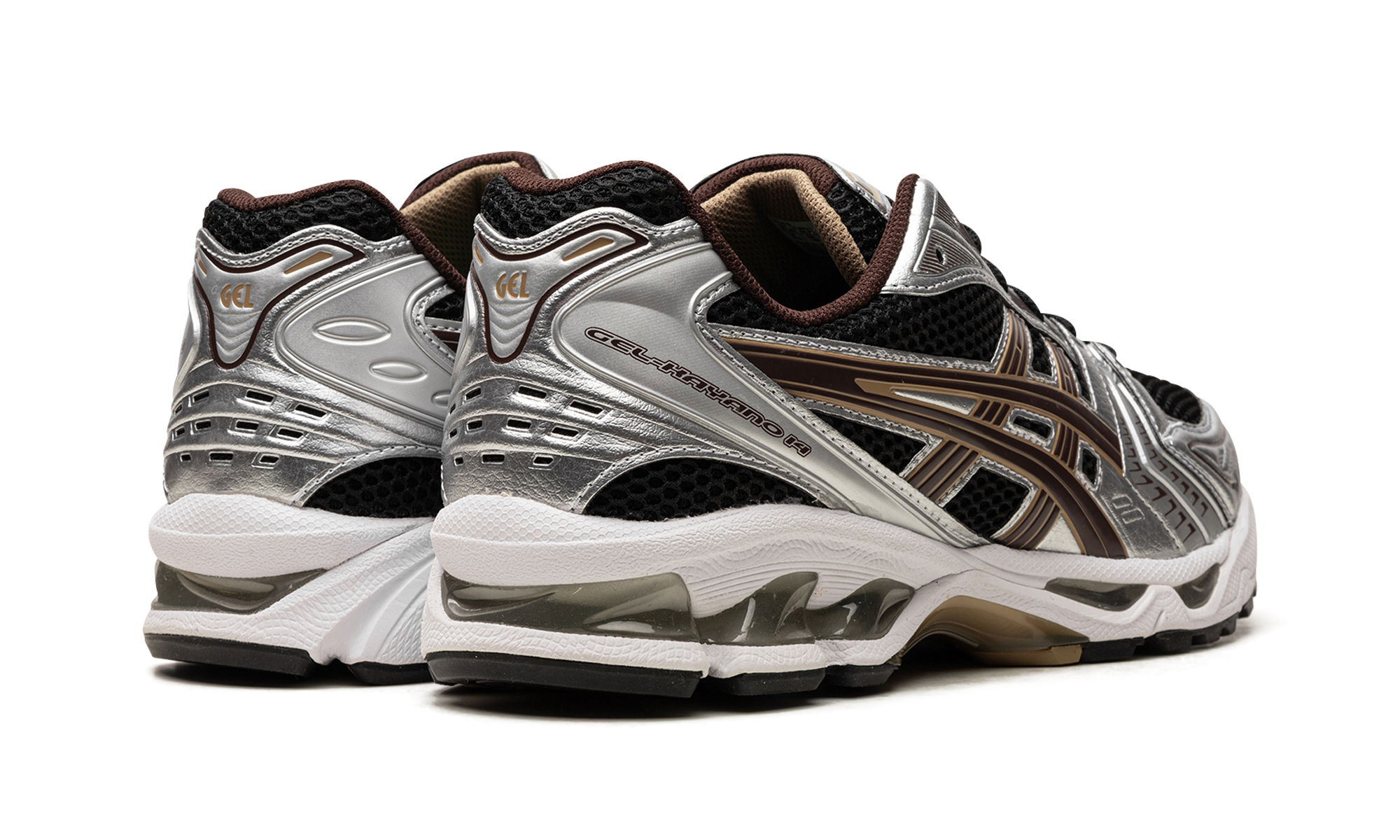 asics gel kayano 14 black coffee silver+1201A019-004+diagnol right behind view