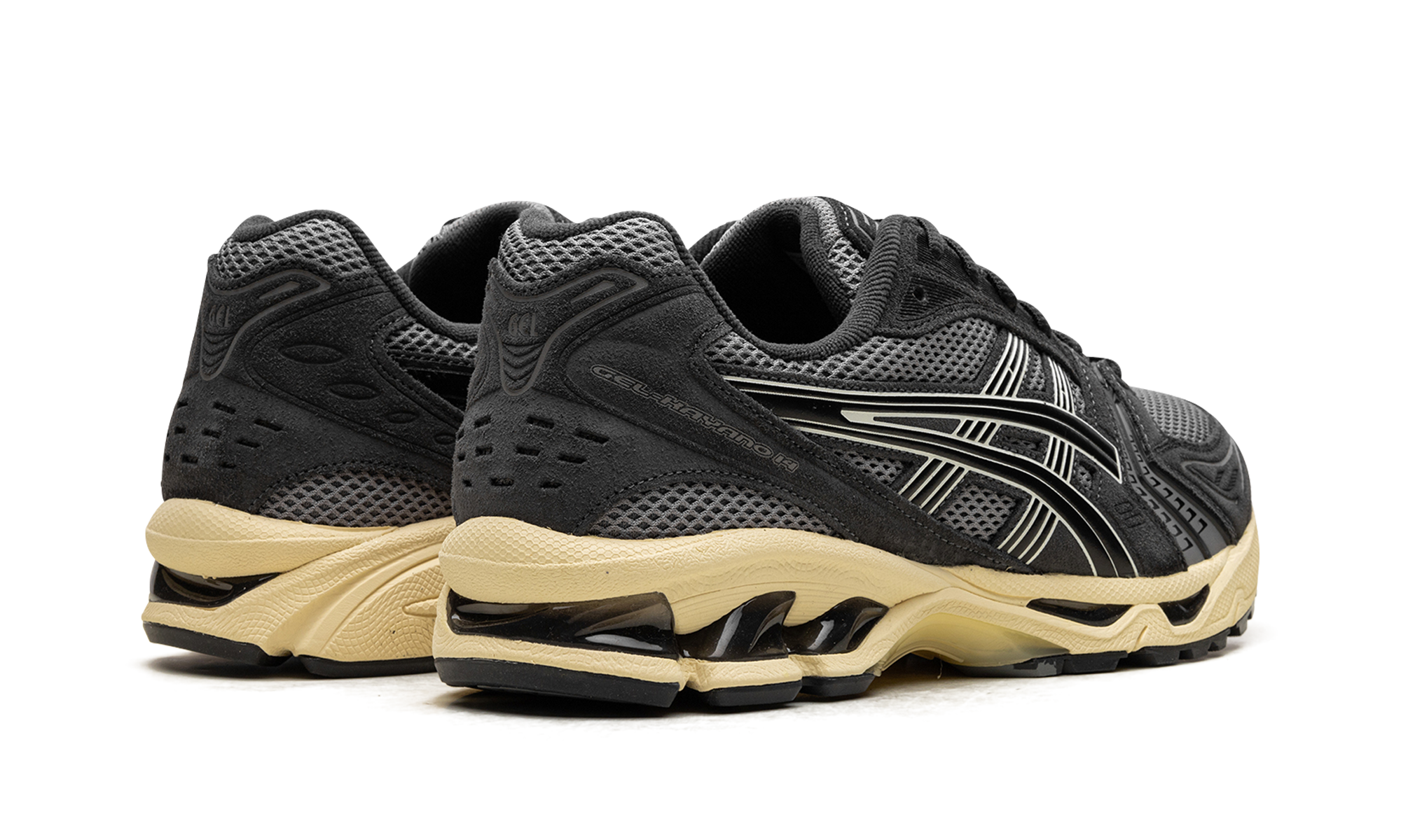 asics gel kayano 14 clay grey black+1203A540-020+diagnol right behind view