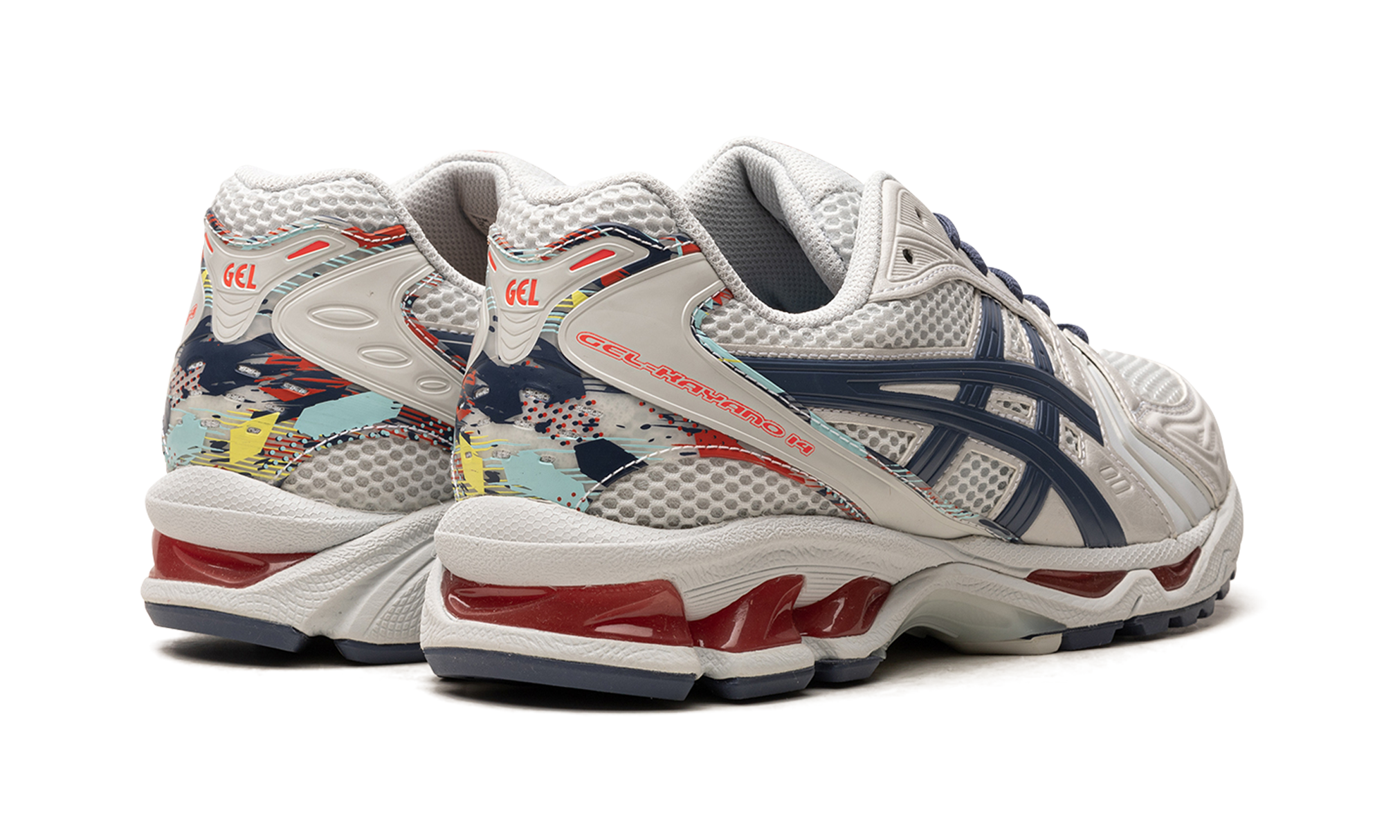 asics gel kayano 14 glacier grey thunder blue+1201A395-960+diagnol right behind view