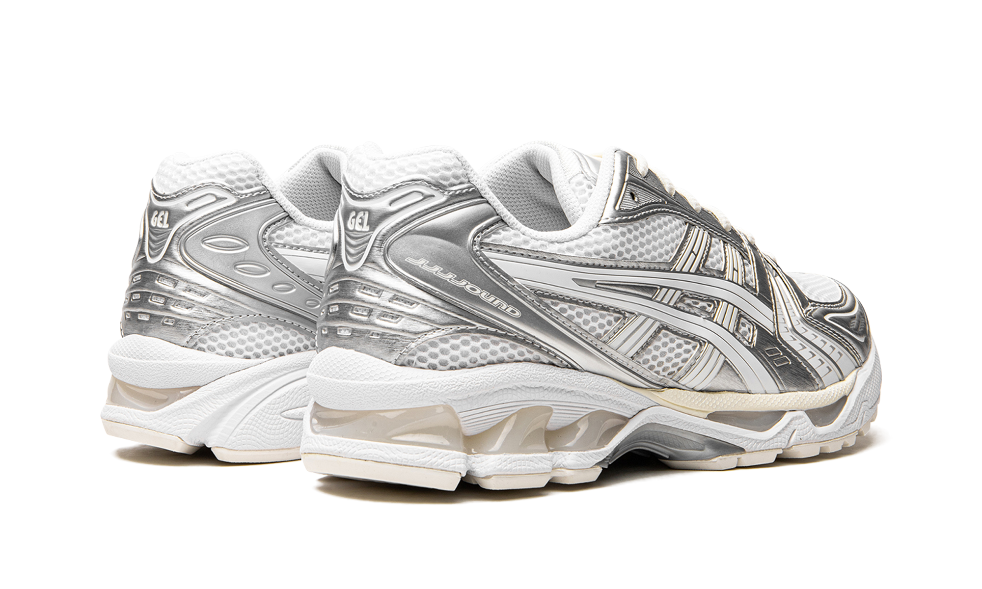 asics gel kayano 14 jjjjound silver white+1201A457-100+diagnol right behind view