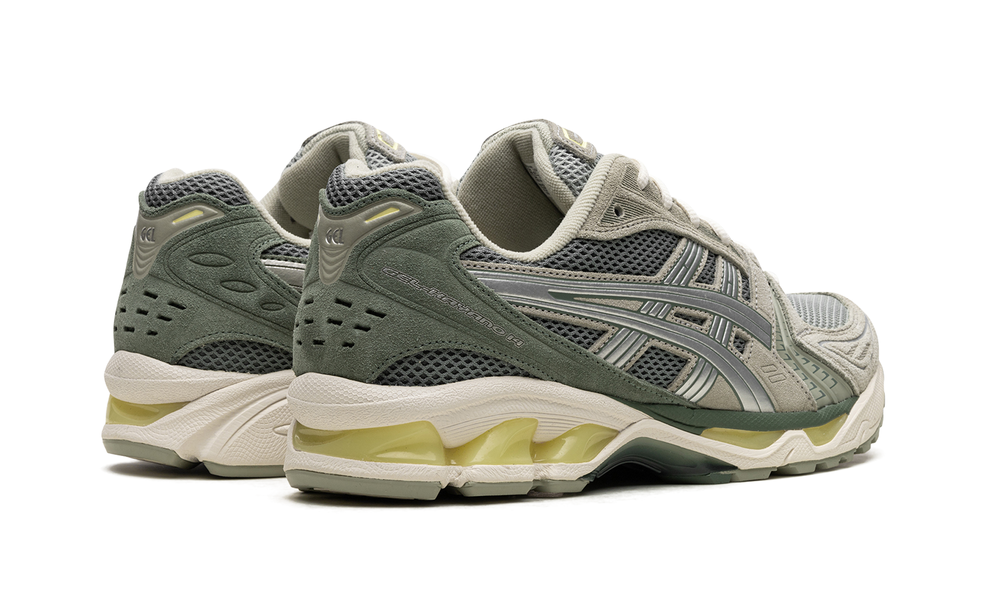 asics gel kayano 14 olive grey pure silver+1201A161-301+diagnol right behind view