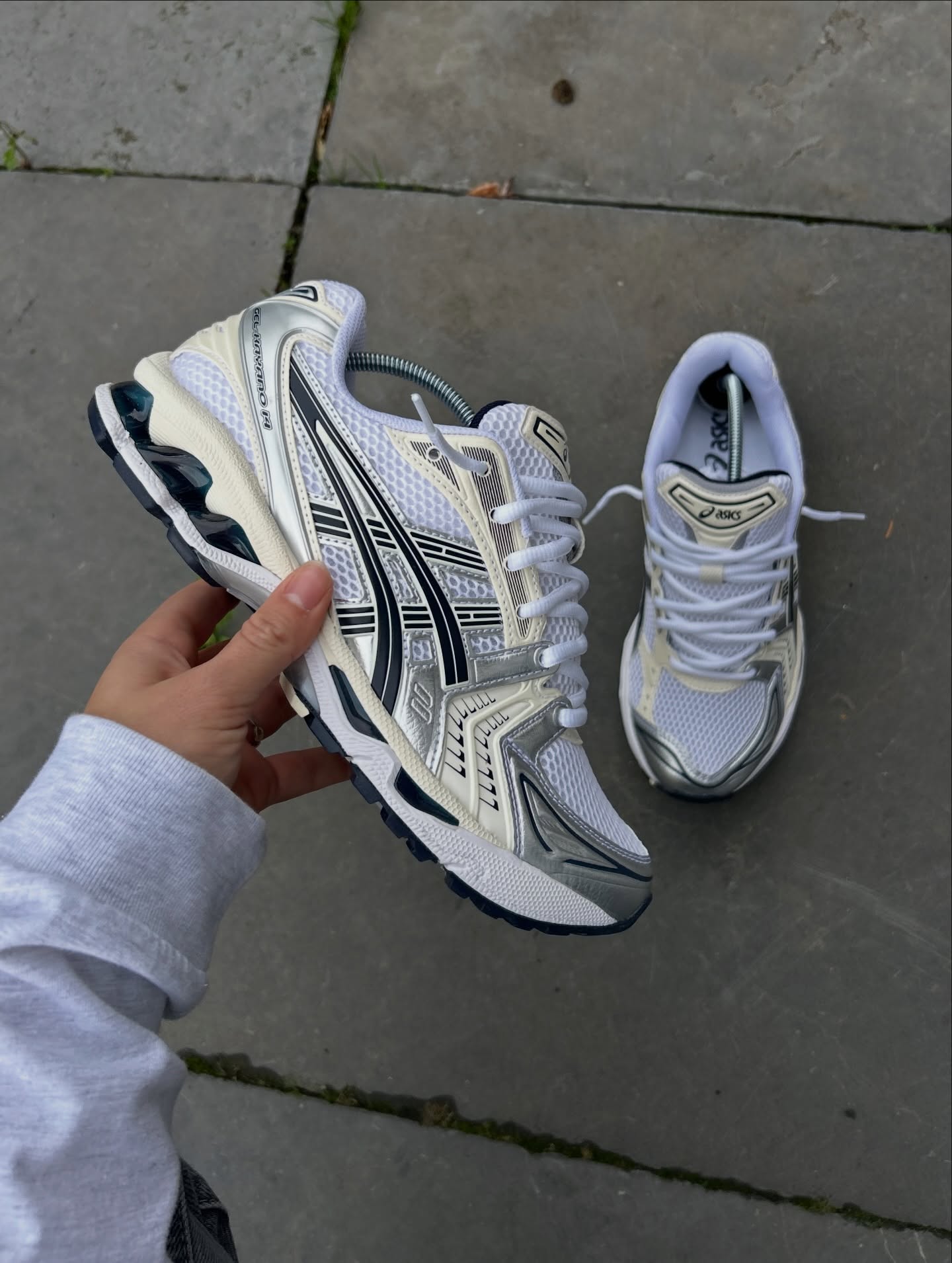 ASICS Gel-Kayano 14 White Midnight (Women's), Lifestyle View 2, SKU 1202A056-109