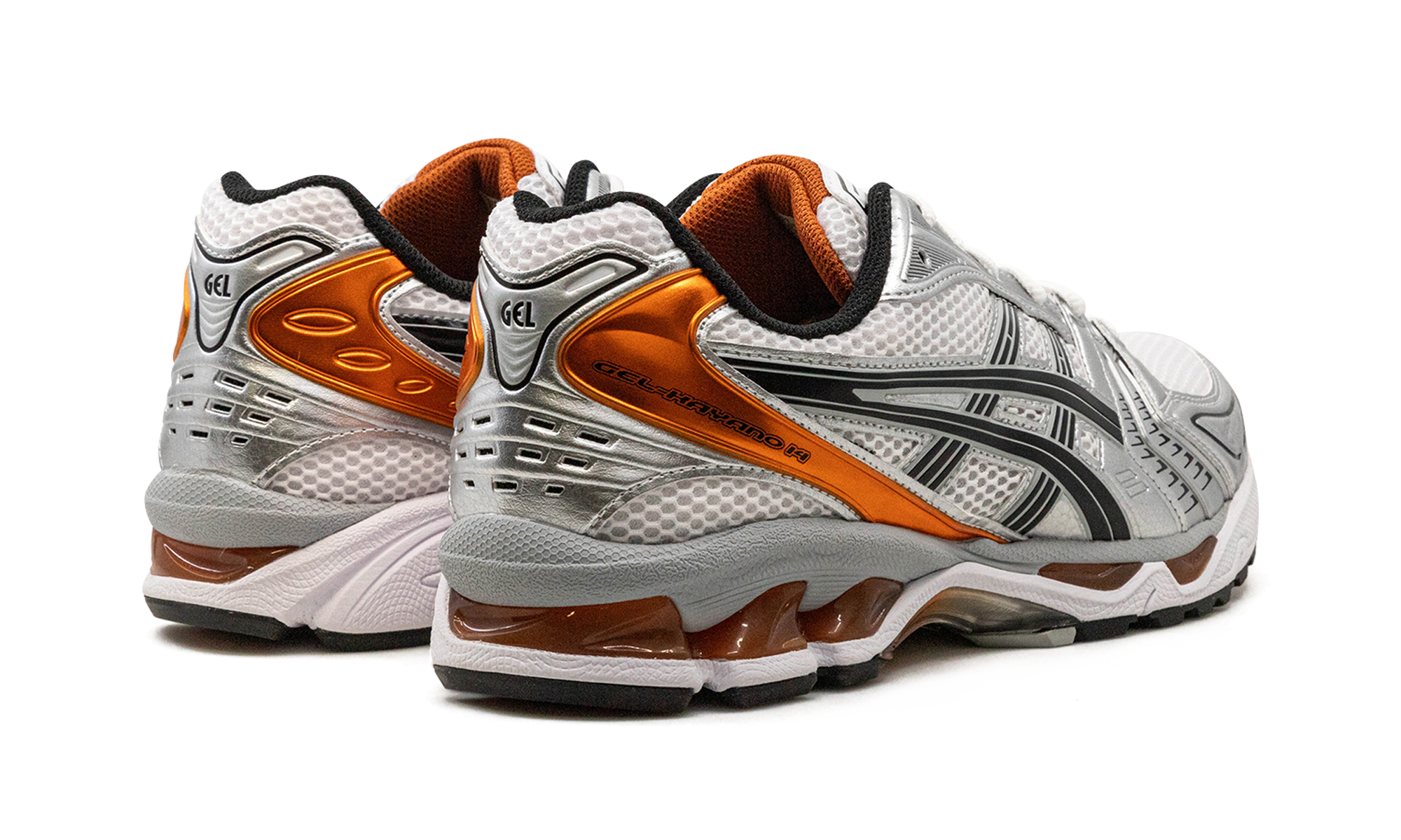 asics gel kayano 14 white piquant orange+1201A019-109+diagnol right behind view
