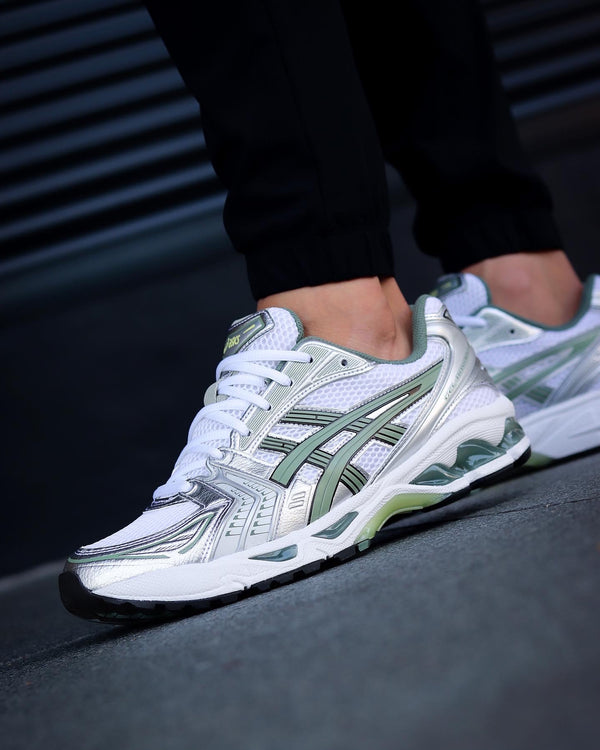 ASICS Gel-Kayano 14 White Pure Silver Slate Grey Sage, Lifestyle View 3, SKU 1201A019-107