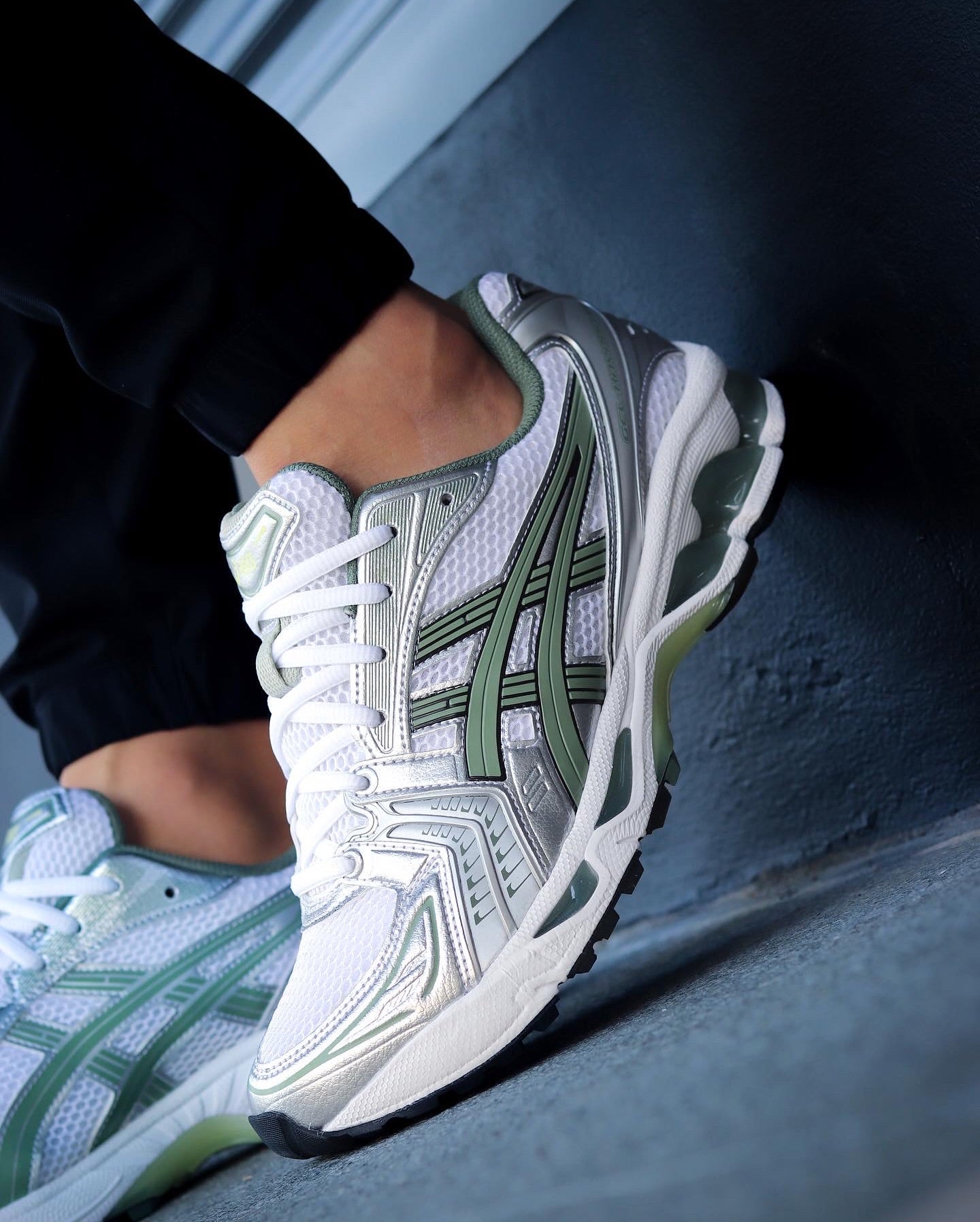 ASICS Gel-Kayano 14 White Pure Silver Slate Grey Sage, Lifestyle View 4, SKU 1201A019-107