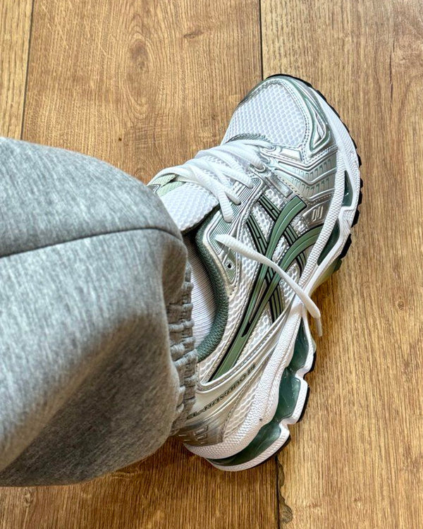 ASICS Gel-Kayano 14 White Pure Silver Slate Grey Sage, Lifestyle View 1, SKU 1201A019-107