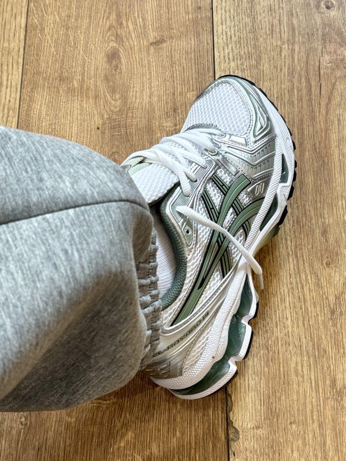 ASICS Gel-Kayano 14 White Pure Silver Slate Grey Sage, Lifestyle View 1, SKU 1201A019-107