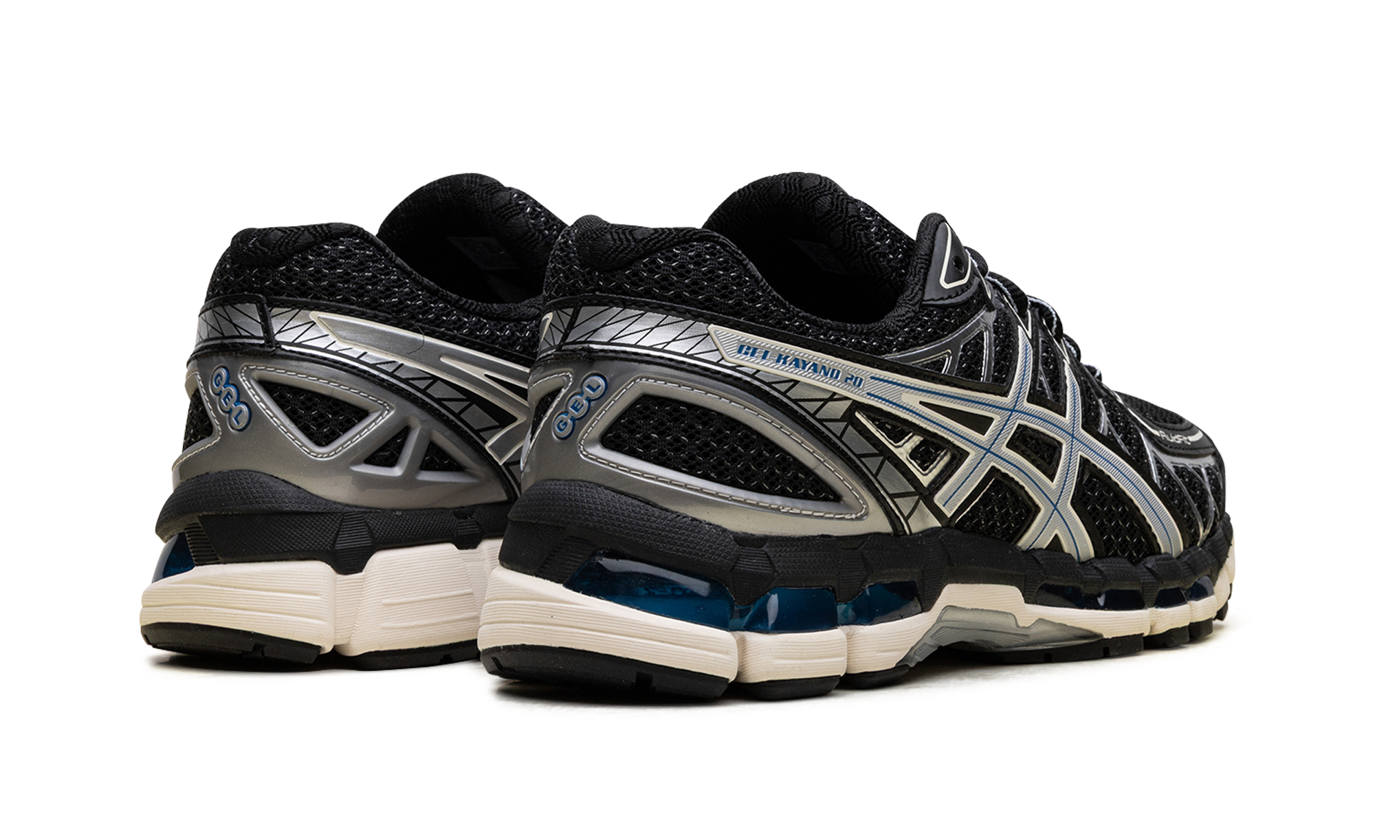 asics gel kayano 20 black pure silver+1203A388-001+diagnol right behind view