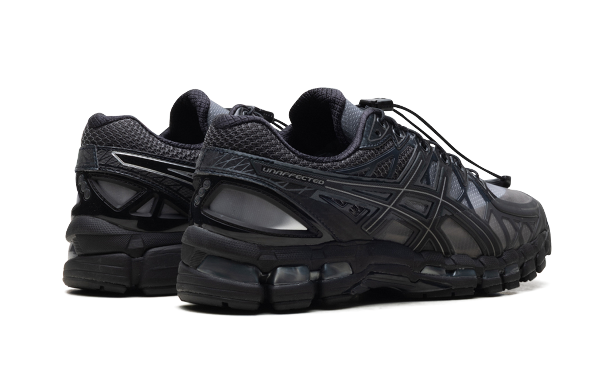 asics gel kayano 20 unaffected black obsidian grey black+1203A529-020+diagnol right behind view