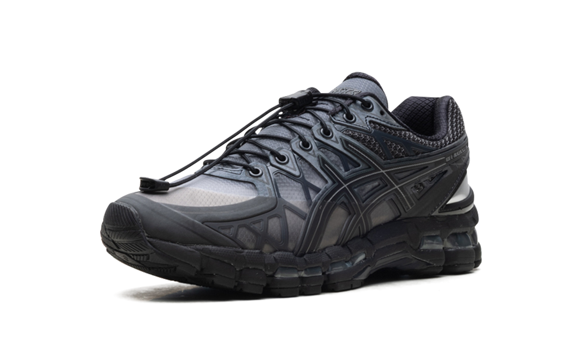 asics gel kayano 20 unaffected black obsidian grey black+1203A529-020+left diagnol single view