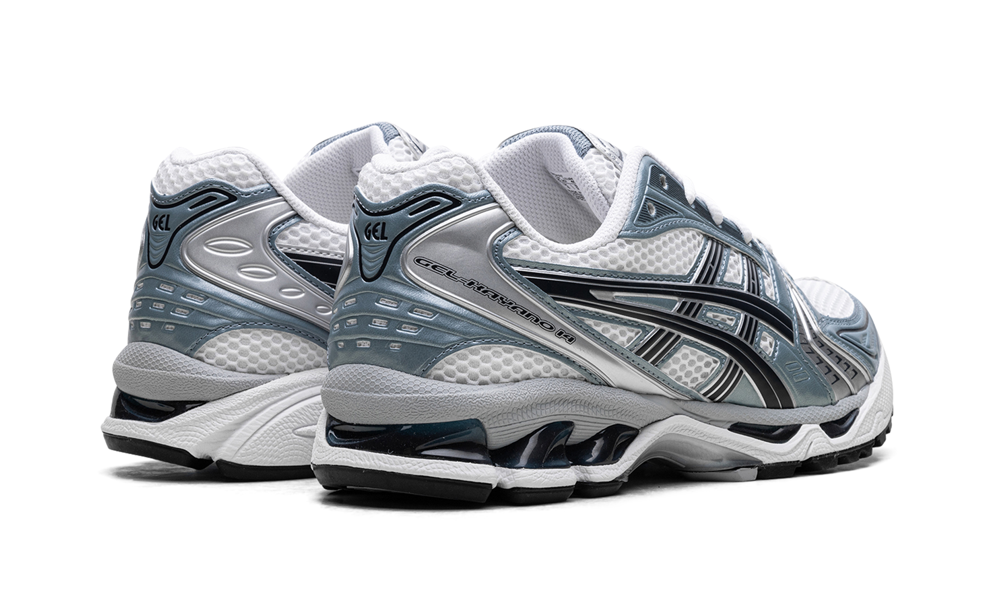 asics gel kayano 14 white fjord grey+1203A537-106+diagnol right behind view