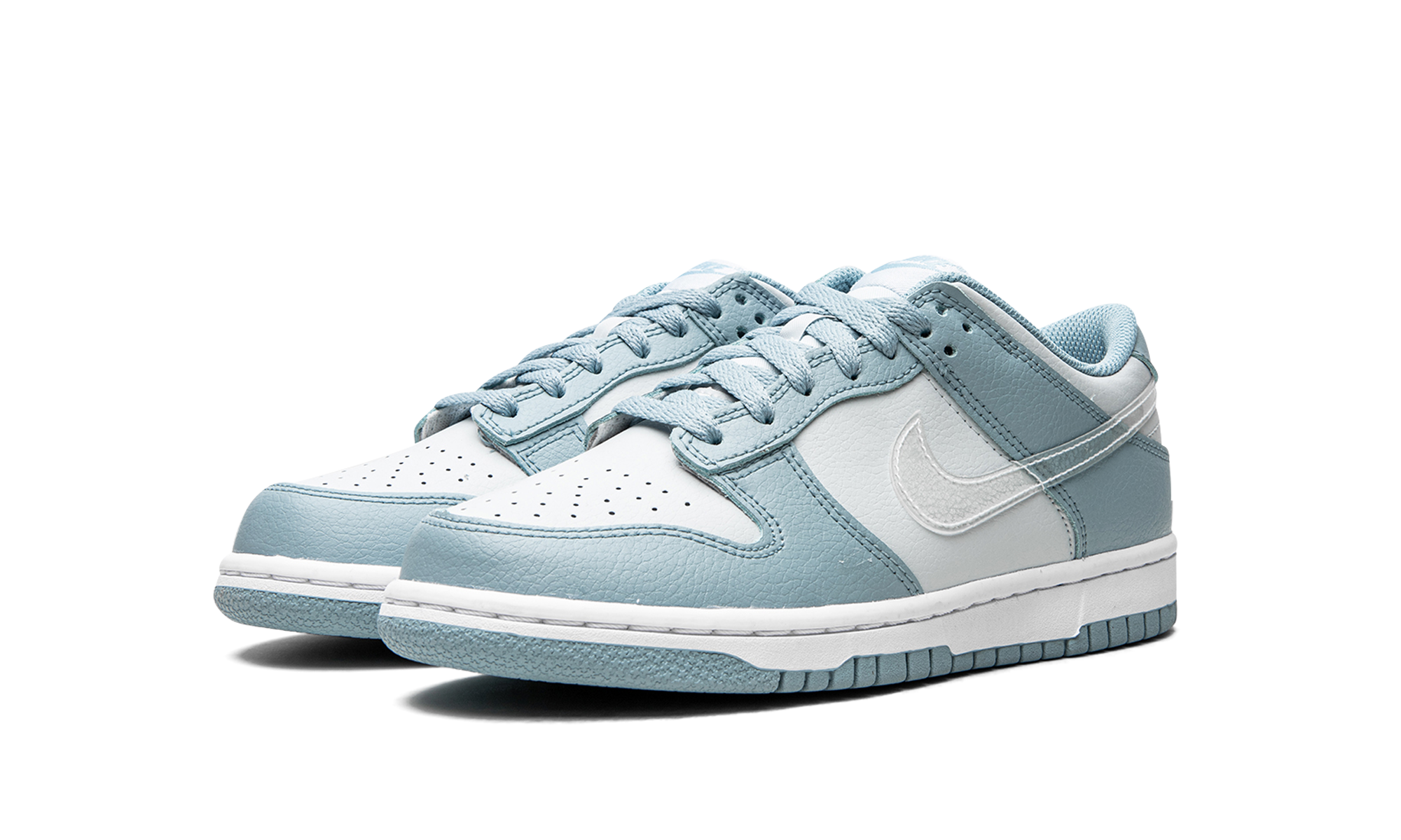 nike dunk low clear blue swoosh gs+DH9765-401+diagnol left view