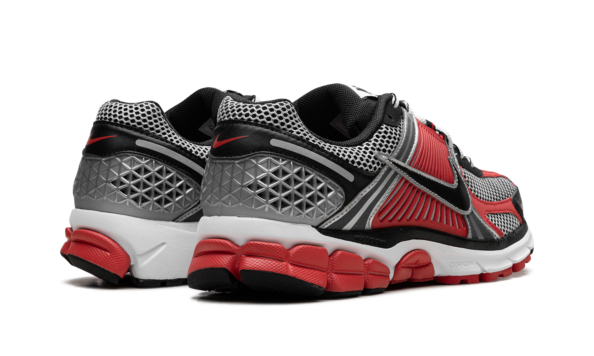 nike zoom vomero 5 metallic silver university red+HV0926-095+diagnol right behind view