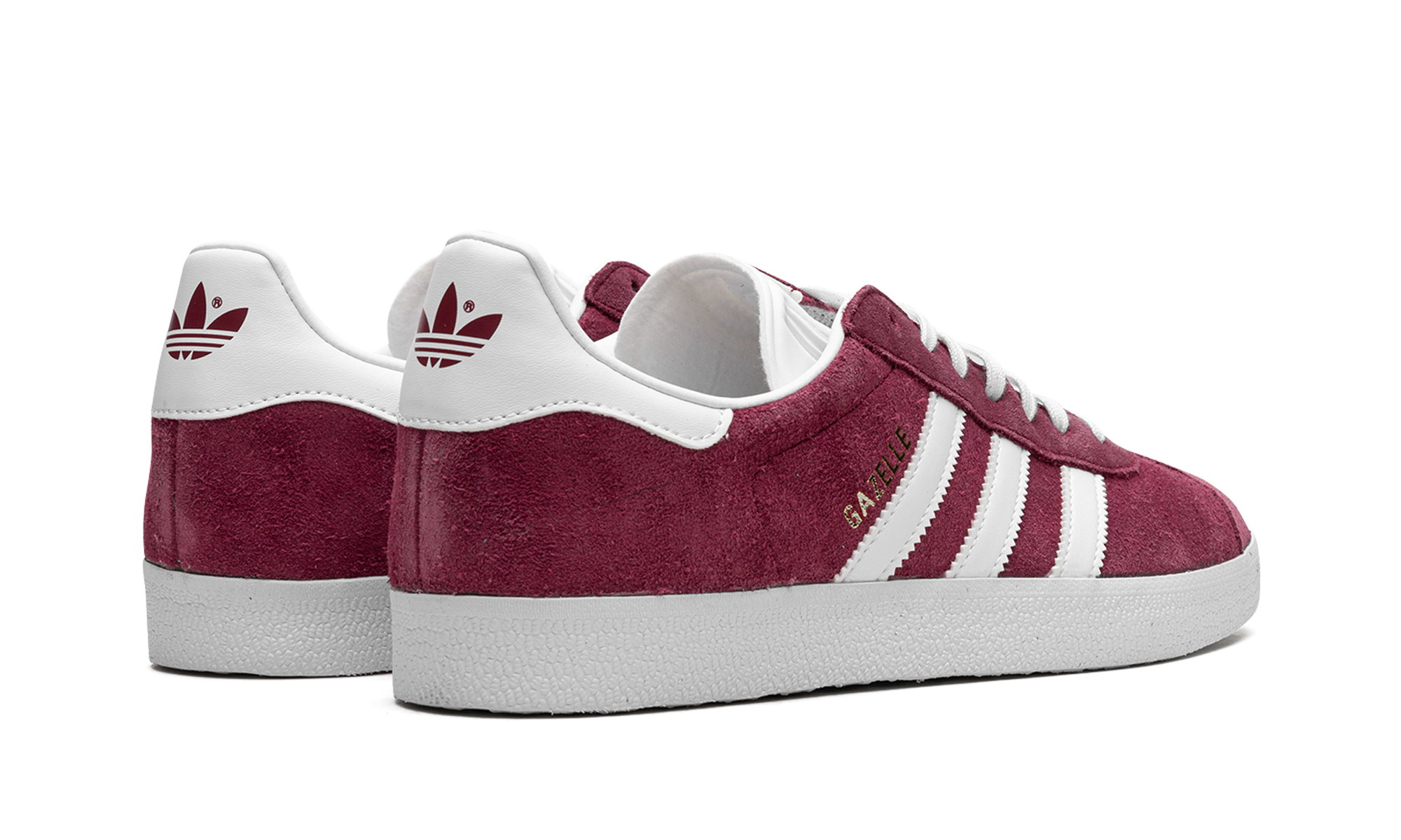 adidas gazelle collegiate burgundy white+B41645+diagnol right behind view