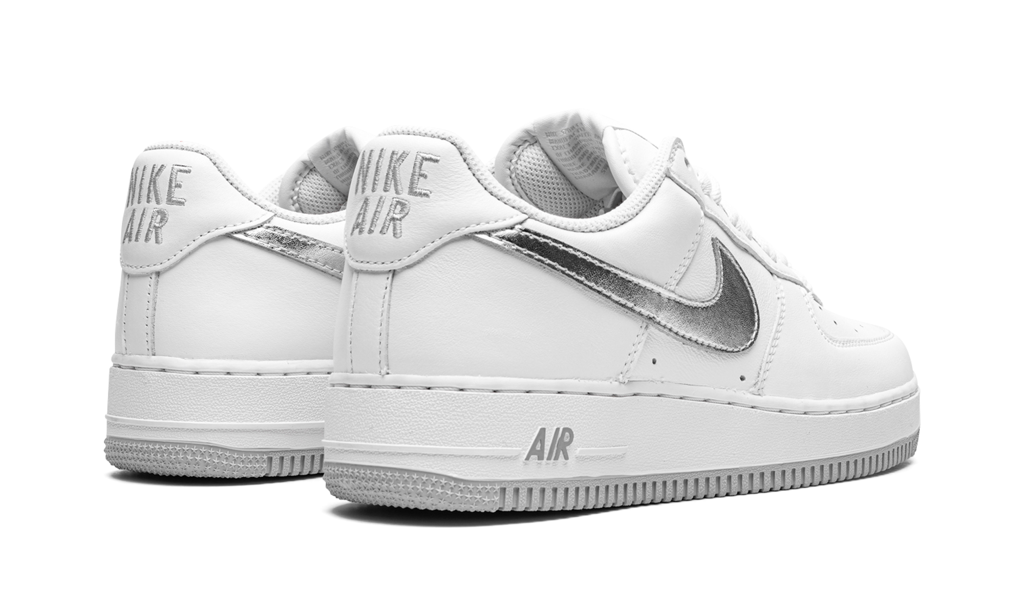 nike air force 1 07 low color of the month white metallic silver+DZ6755-100+diagnol right behind view