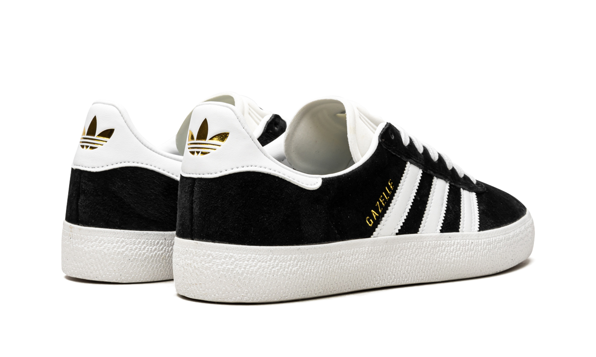 adidas gazelle adv black white gold+FX6563+diagnol right behind view