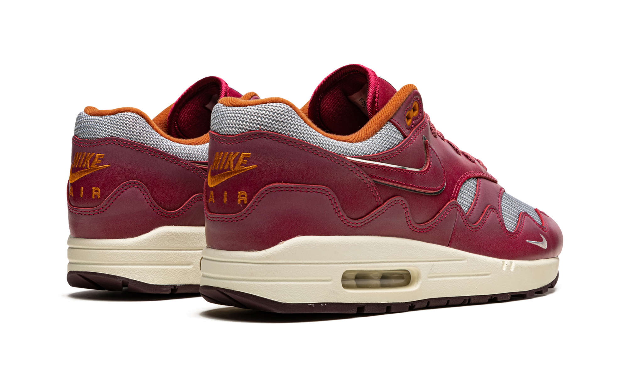 nike air max 1 patta waves rush maroon with bracelet+DO9549-001+diagnol right behind view