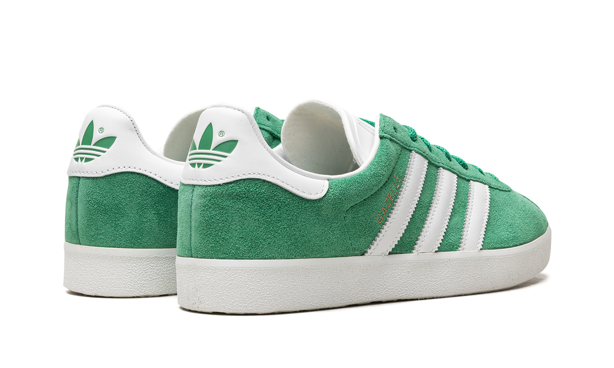 adidas gazelle 85 green white gold metallic+IE2165+diagnol right behind view