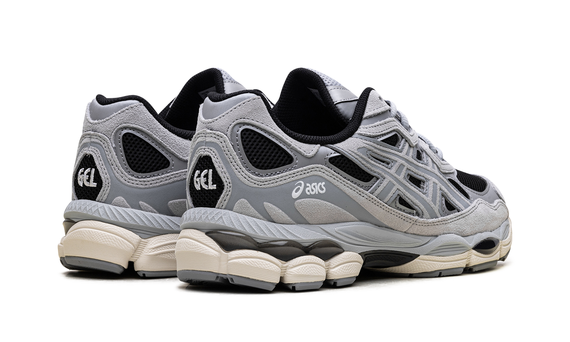 asics gel nyc black piedmont grey+1203A383-004+diagnol right behind view