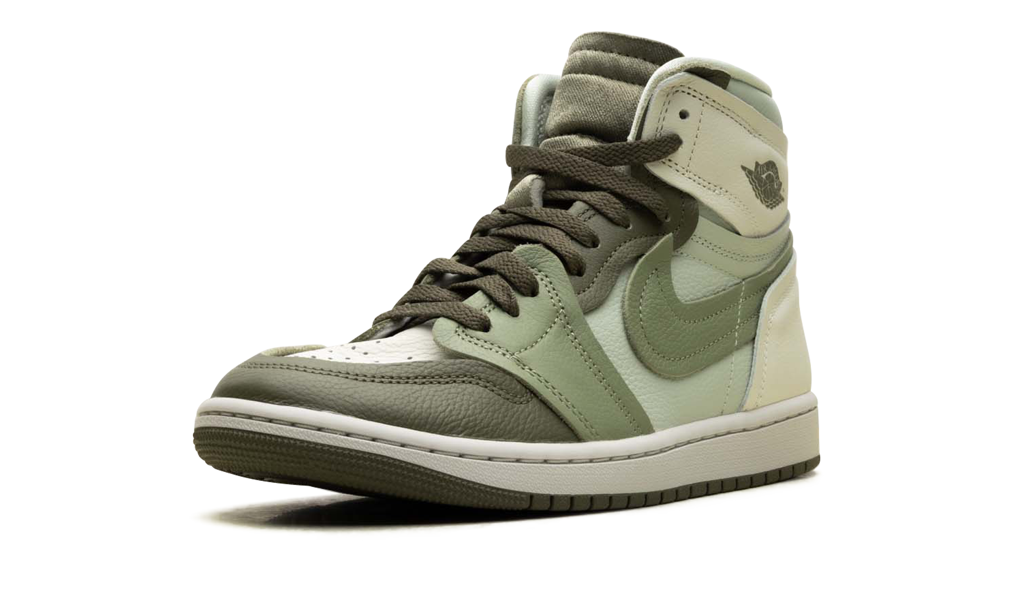 jordan 1 high method of make medium olive women s+FB9891-201+diagnol right behind view