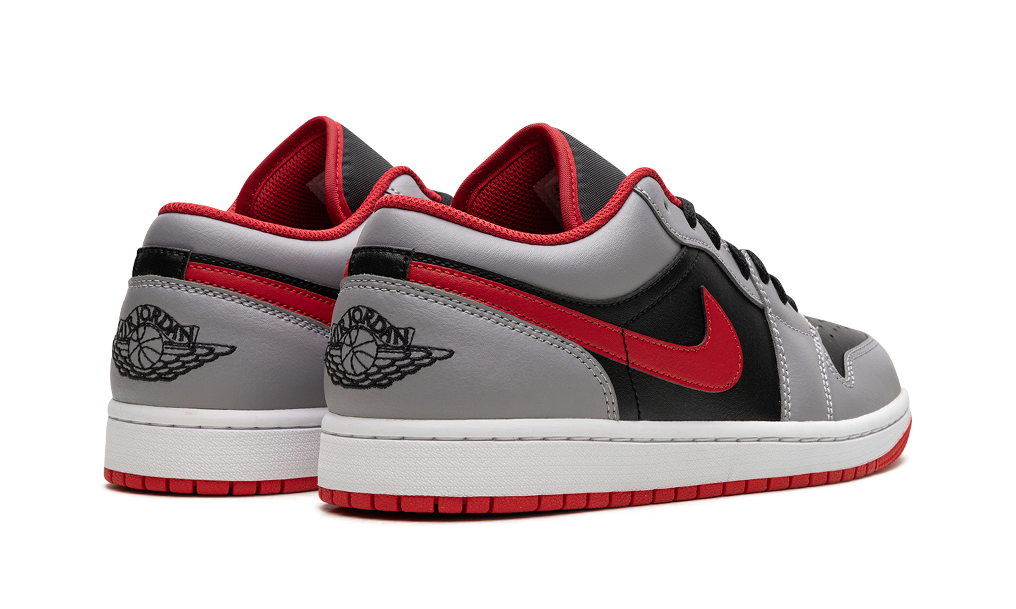 jordan 1 low black light smoke grey gym red+553558-060+diagnol right behind view