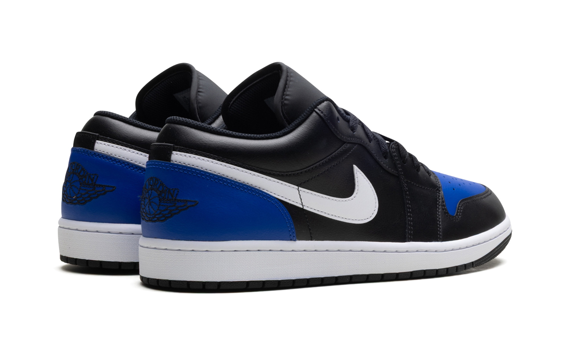 jordan 1 low black royal toe+553558-042+diagnol right behind view