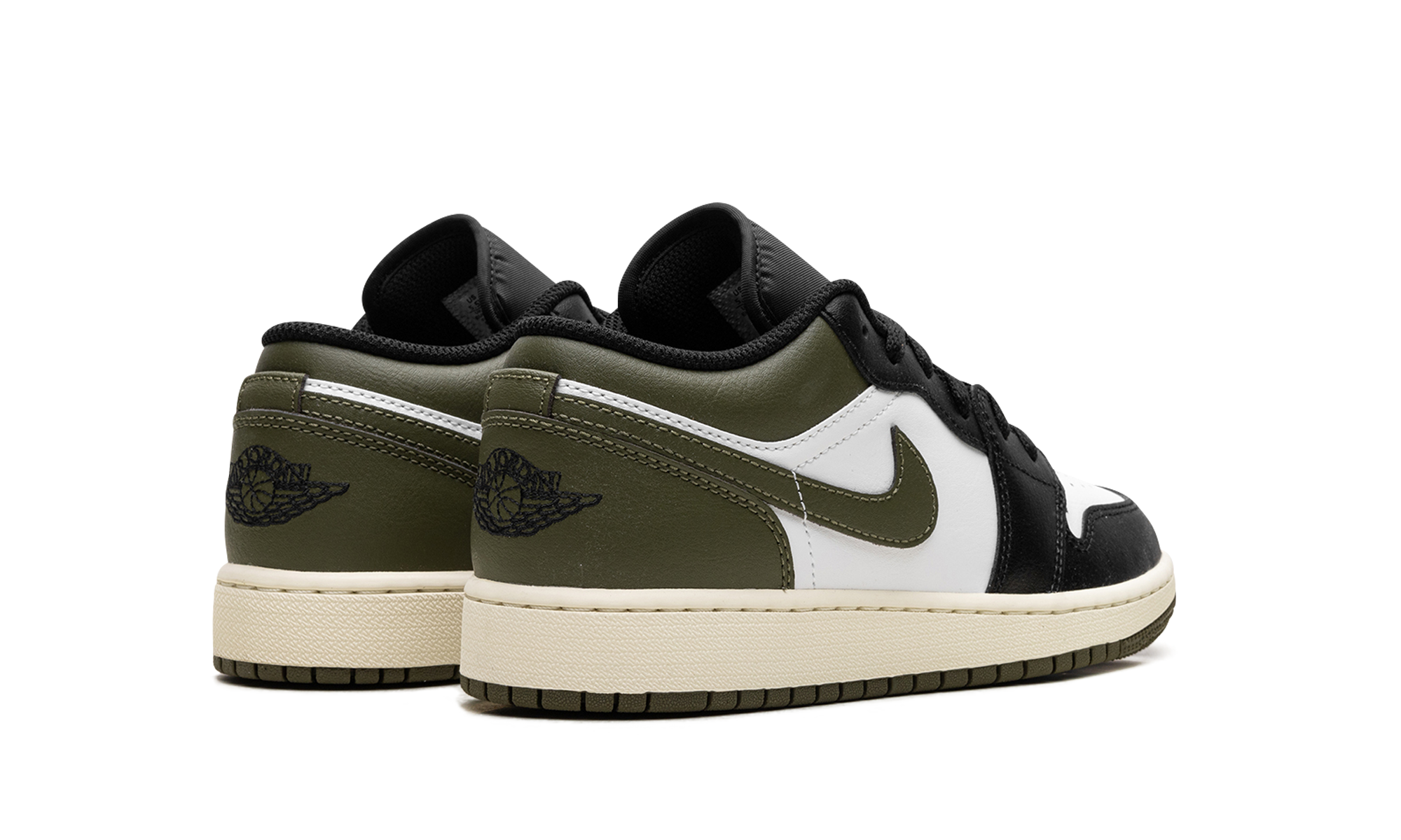 jordan 1 low black toe medium olive gs+553560-092+diagnol right behind view
