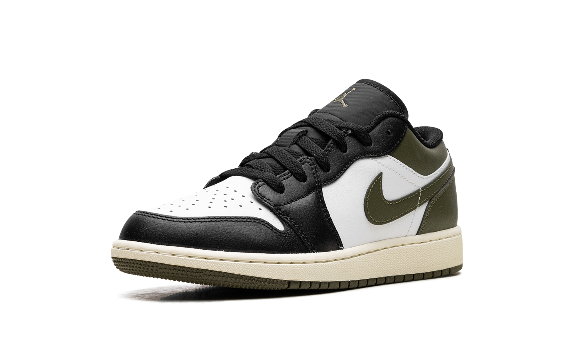 jordan 1 low black toe medium olive gs+553560-092+left diagnol single view