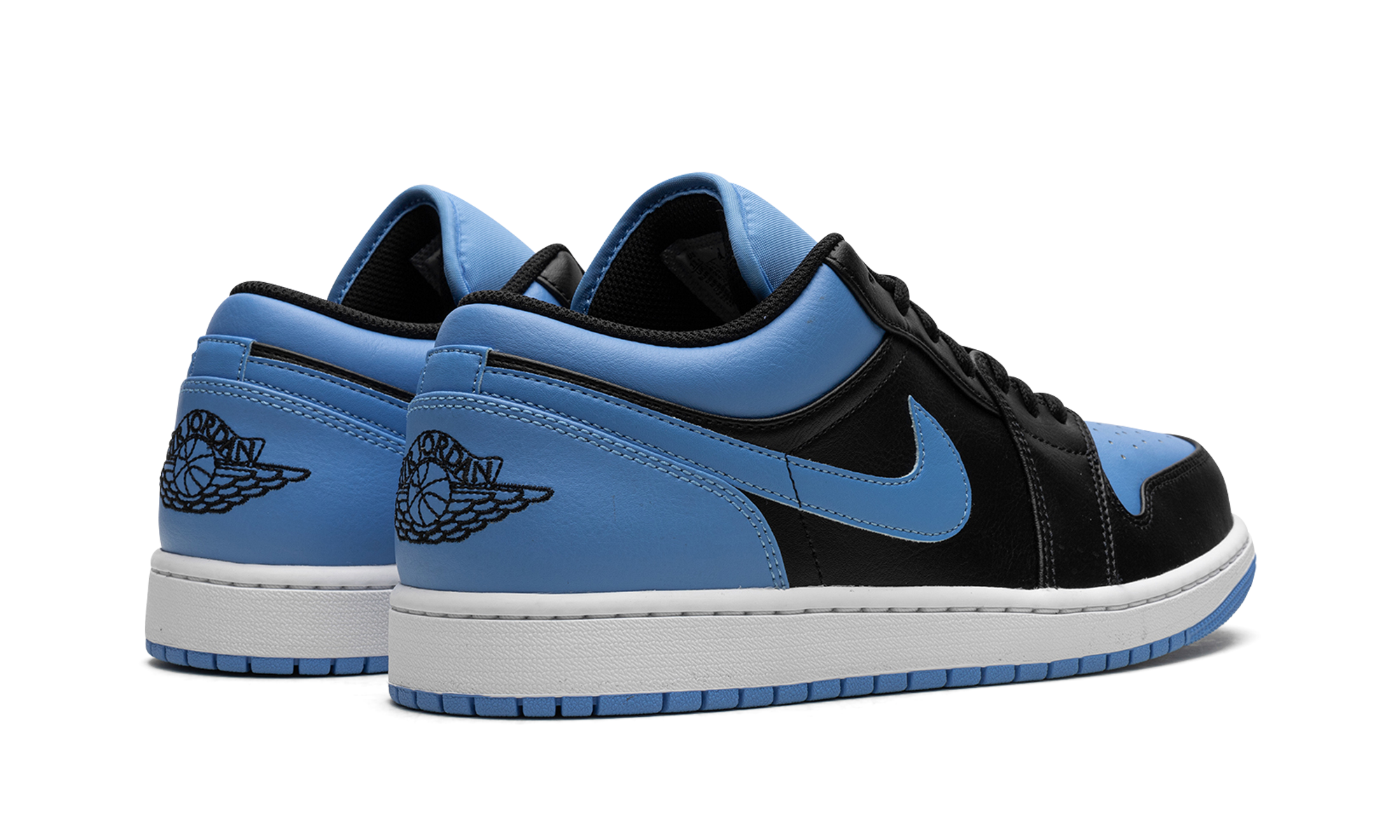 jordan 1 low black university blue+553558-041+diagnol right behind view