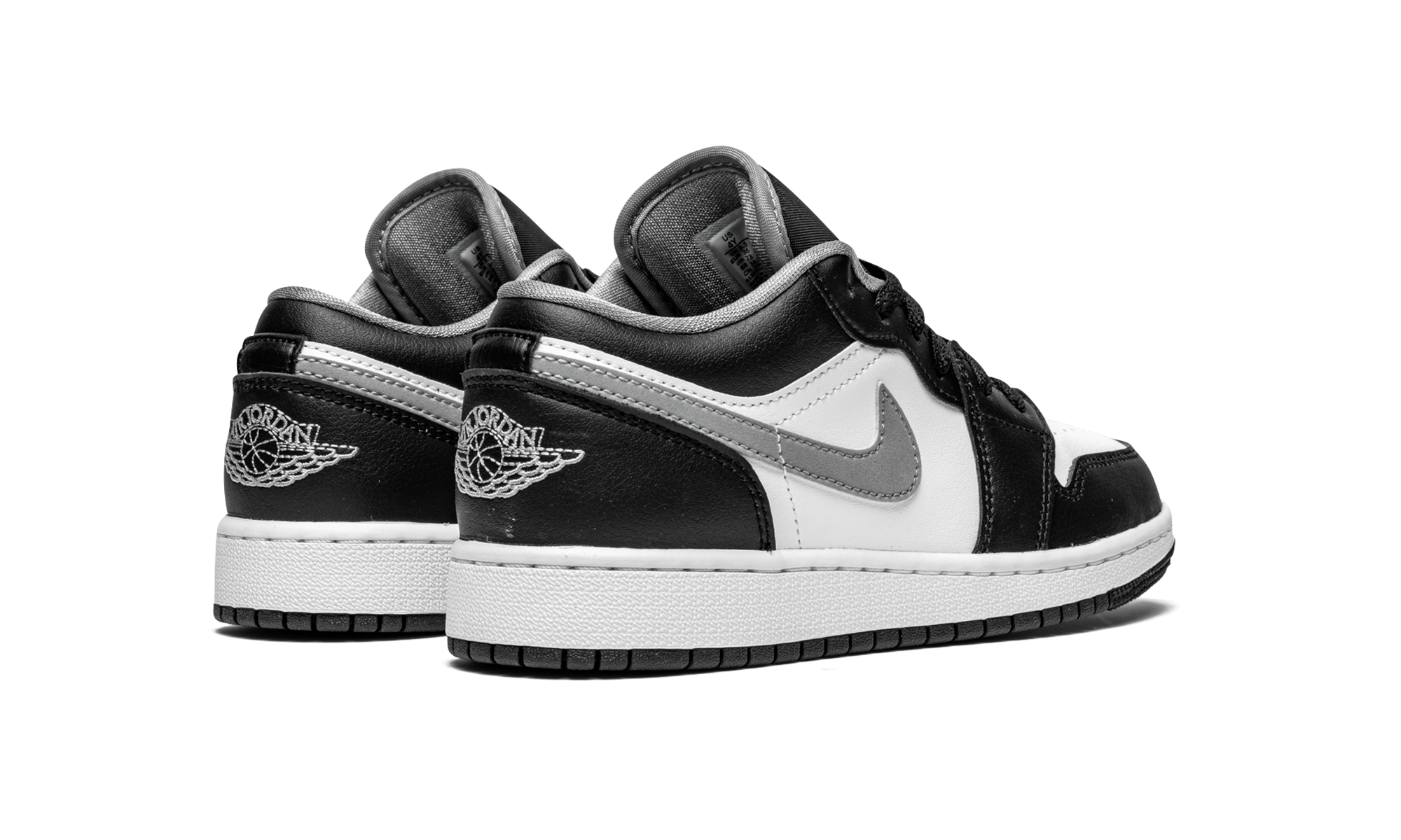 jordan 1 low black white grey gs+553560-040+diagnol right behind view