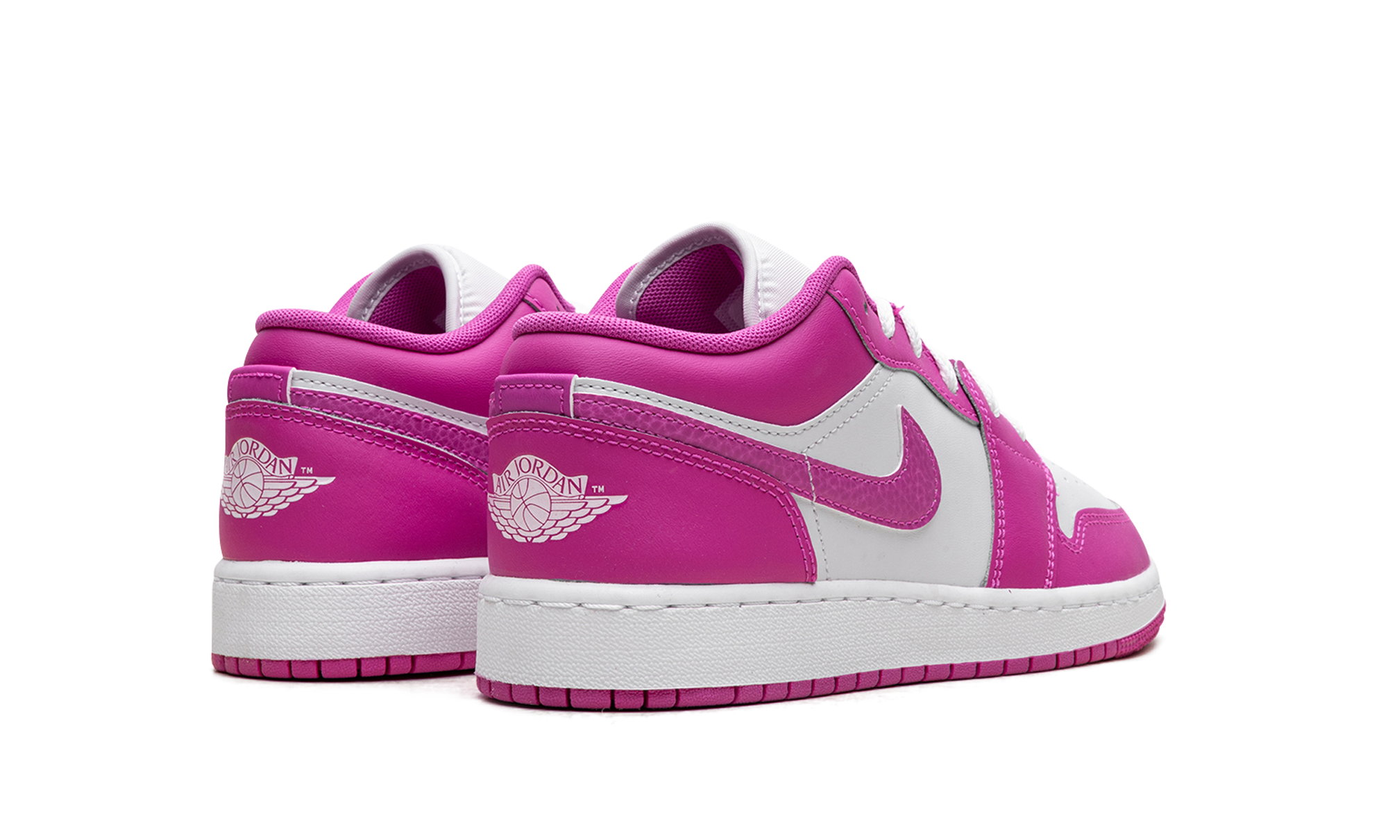 jordan 1 low fire pink gs+FV8486-600+diagnol right behind view