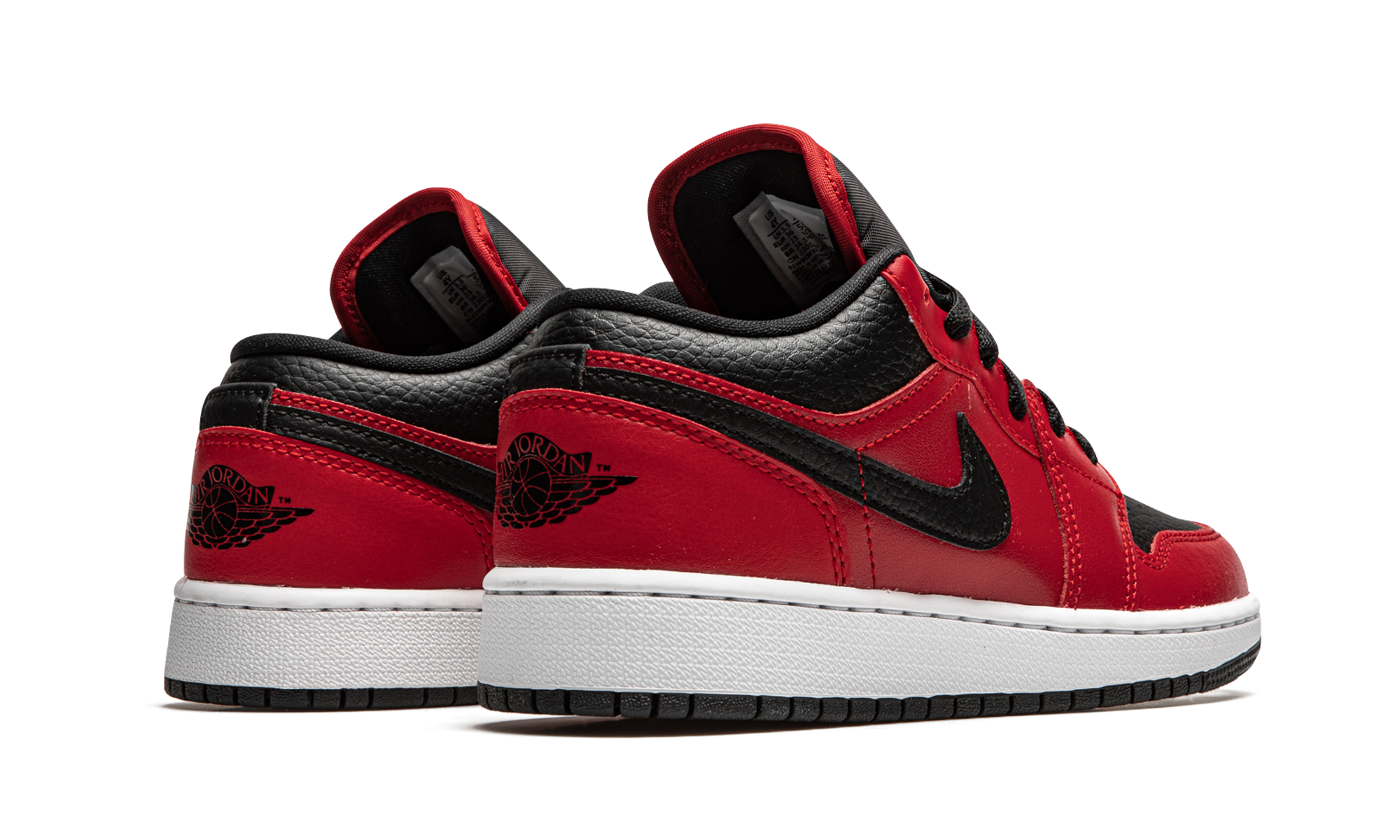 jordan 1 low gym red black pebbled gs+553560-605+diagnol right behind view