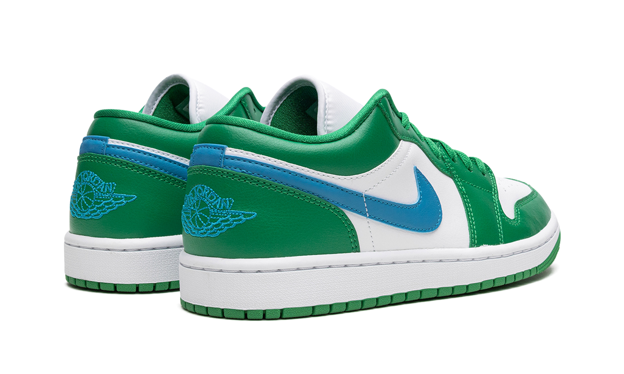 jordan 1 low lucky green aquatone women s+DC0774-304+diagnol right behind view