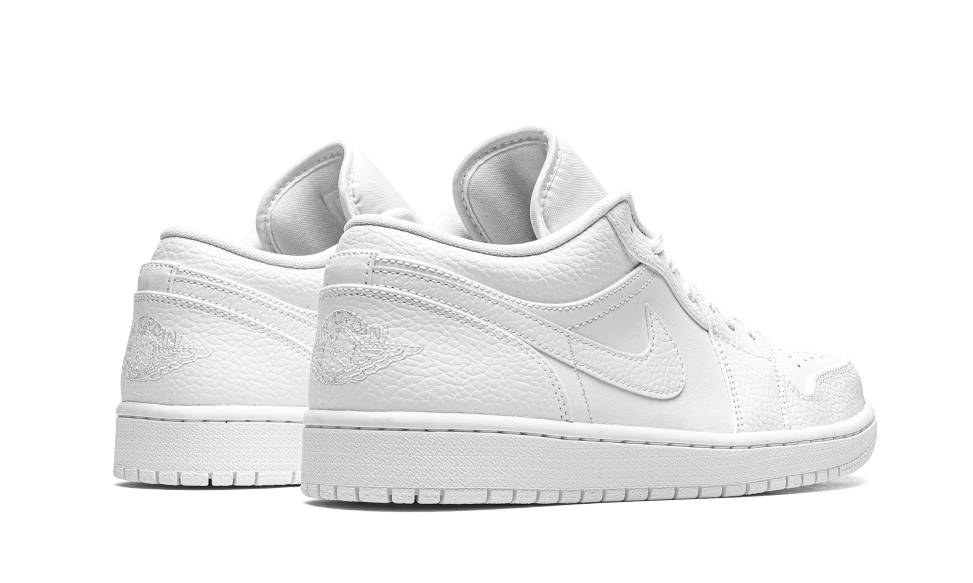 jordan 1 low triple white tumbled leather+553558-130+diagnol right behind view