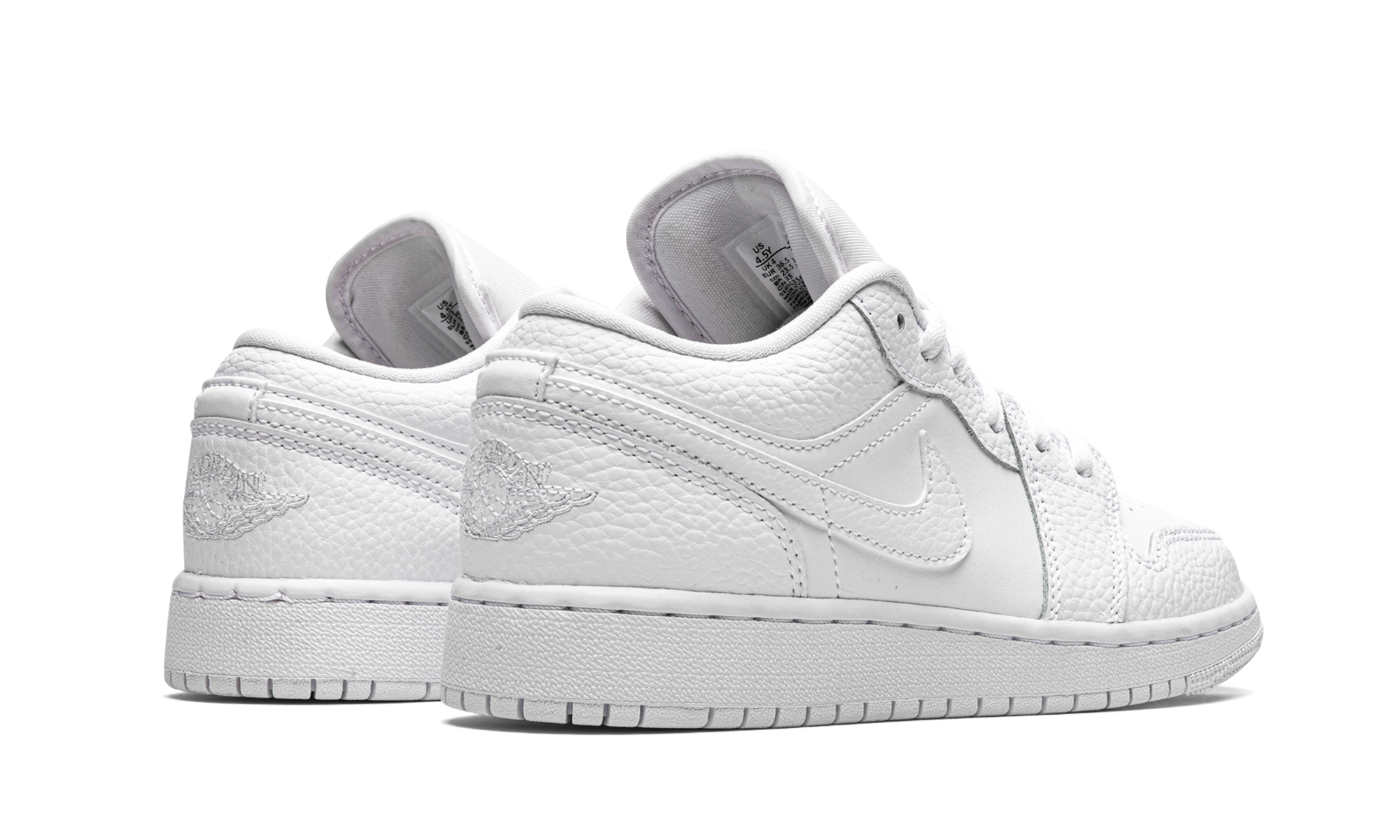 jordan 1 low triple white tumbled leather gs+553560-130+diagnol left view