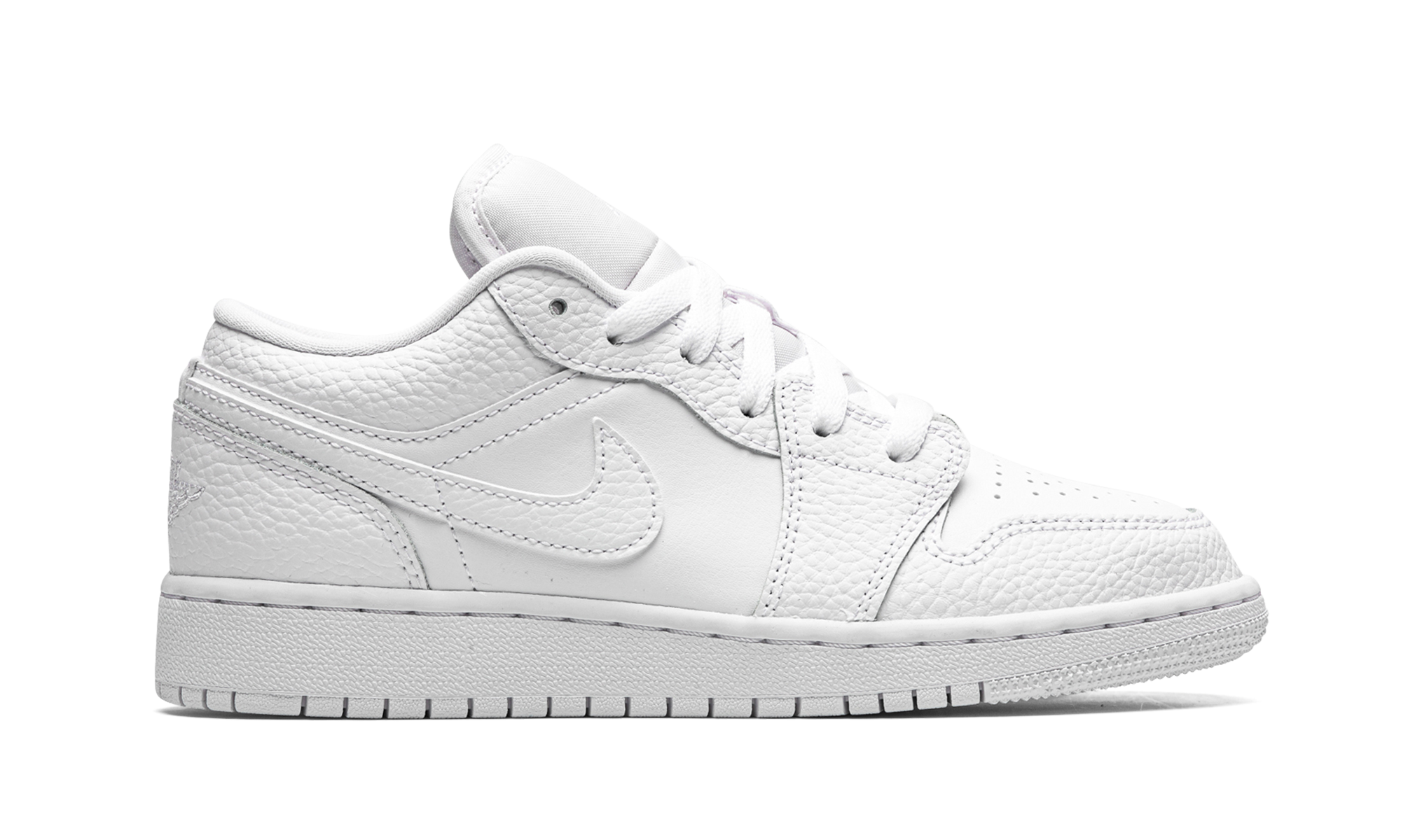 jordan 1 low triple white tumbled leather gs+553560-130+left diagnol single view