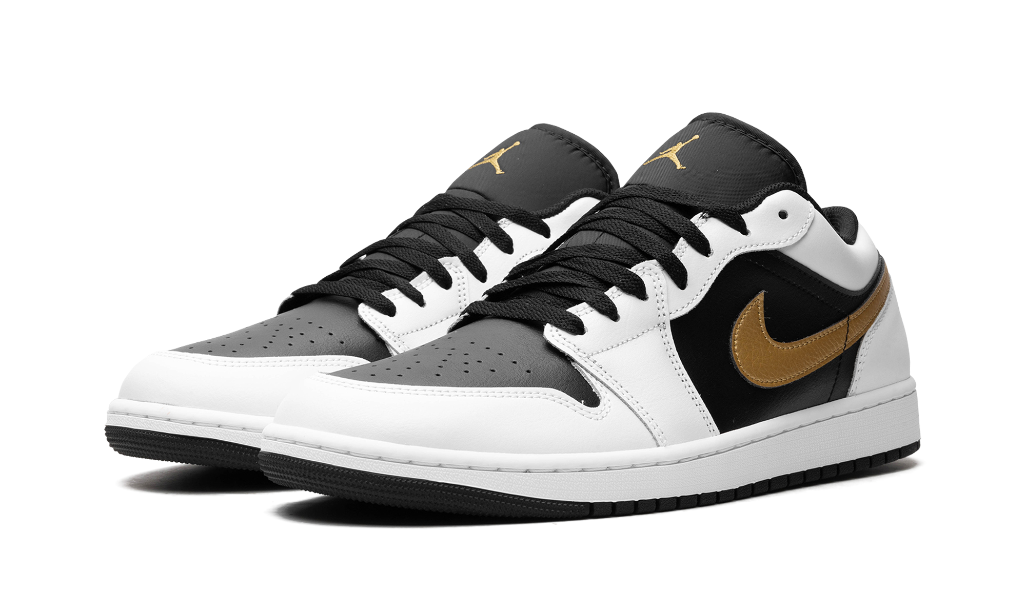 jordan 1 low white black metallic gold swoosh+553558-172+diagnol left view