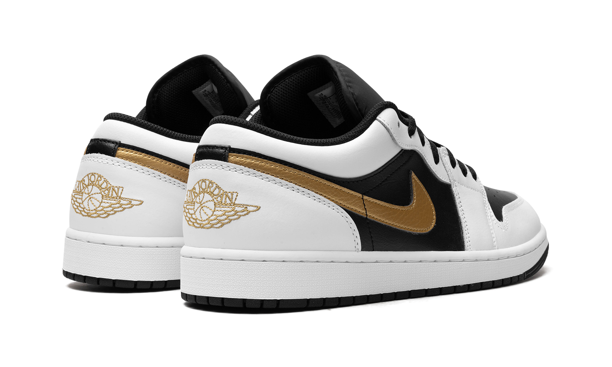 jordan 1 low white black metallic gold swoosh+553558-172+diagnol right behind view