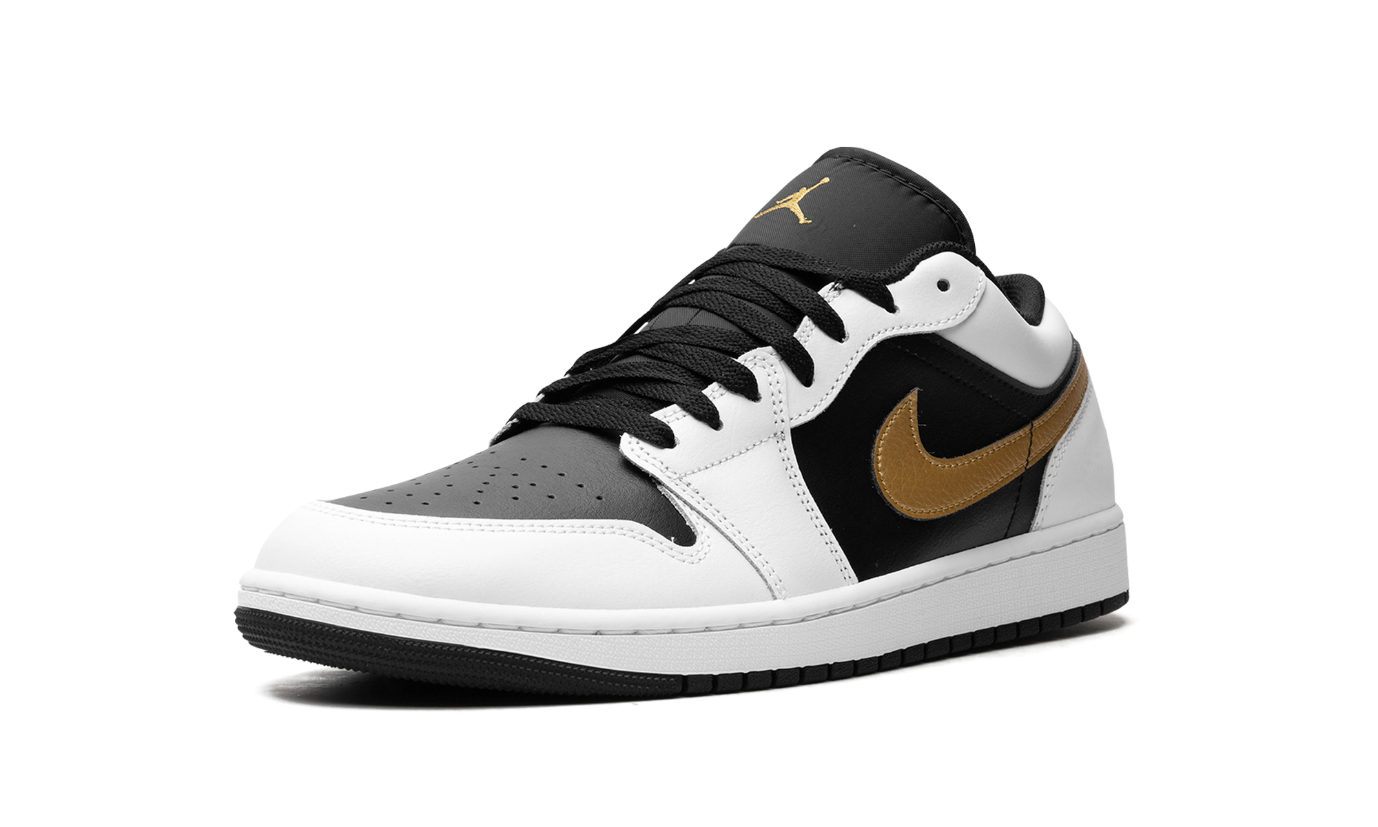 jordan 1 low white black metallic gold swoosh+553558-172+left diagnol single view
