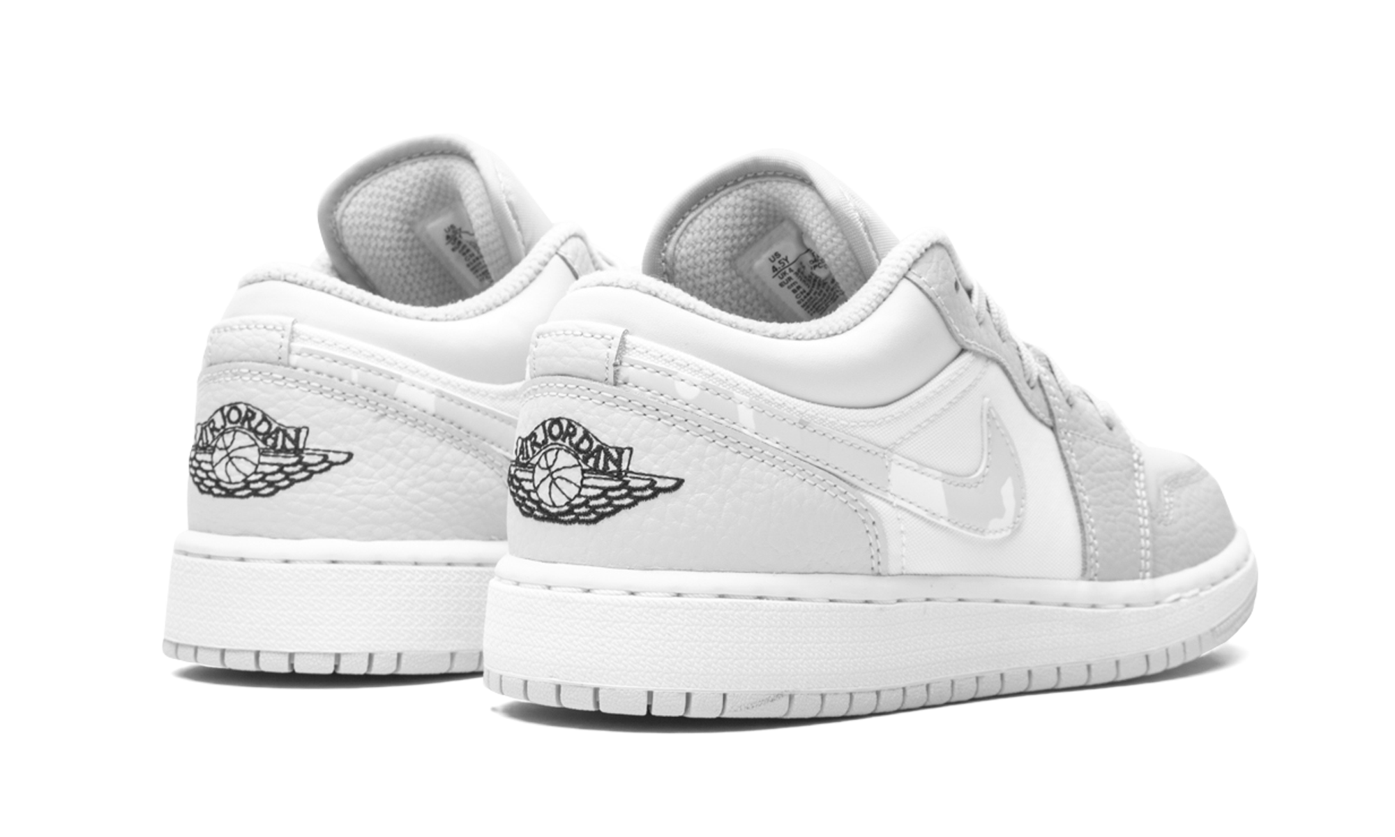 jordan 1 low white camo gs+DD3234-100+diagnol right behind view