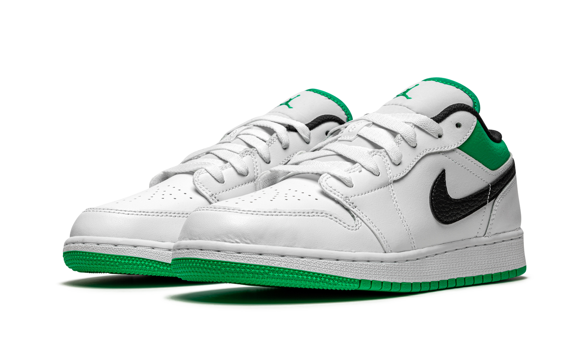 jordan 1 low white lucky green tumbled leather gs+553560-129+diagnol left view