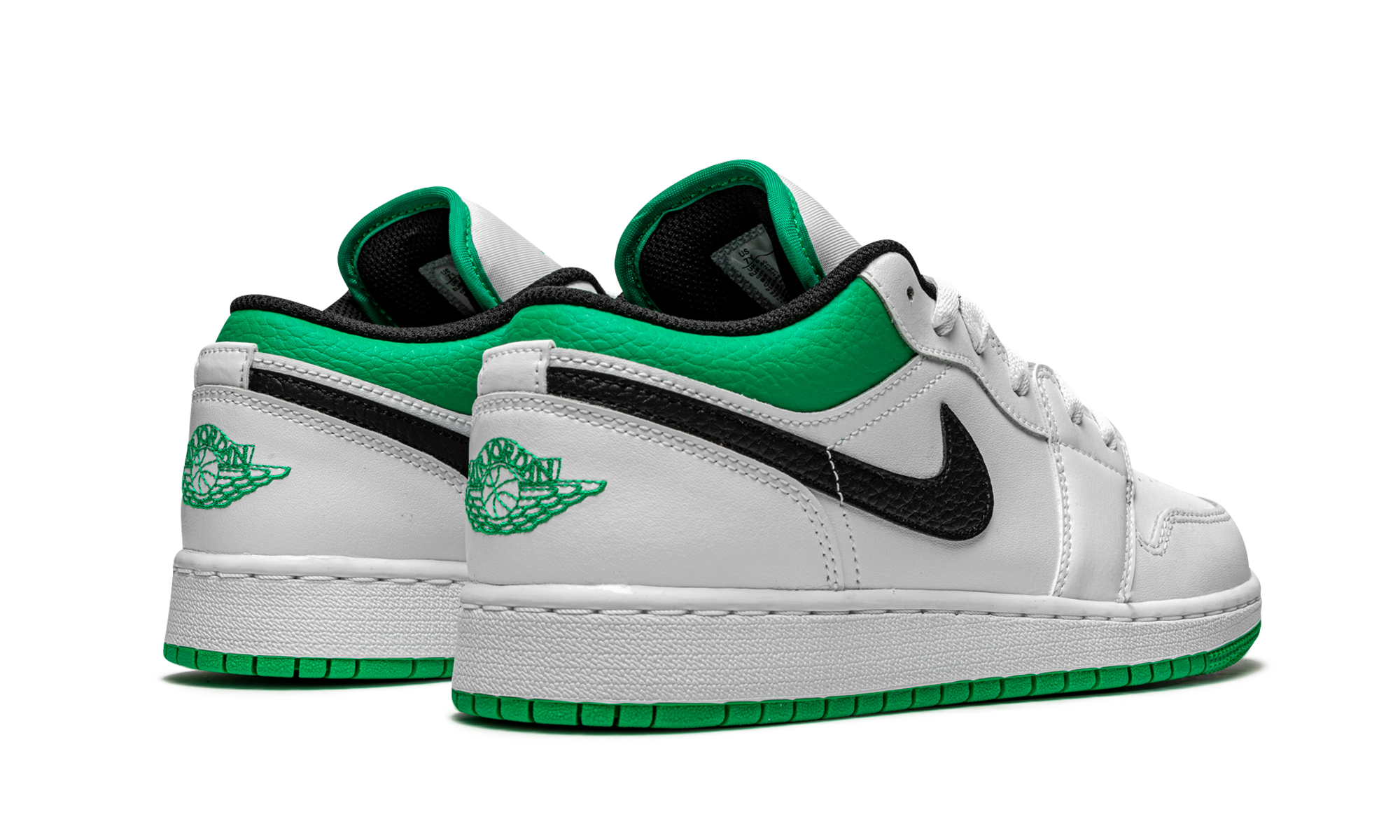jordan 1 low white lucky green tumbled leather gs+553560-129+diagnol right behind view