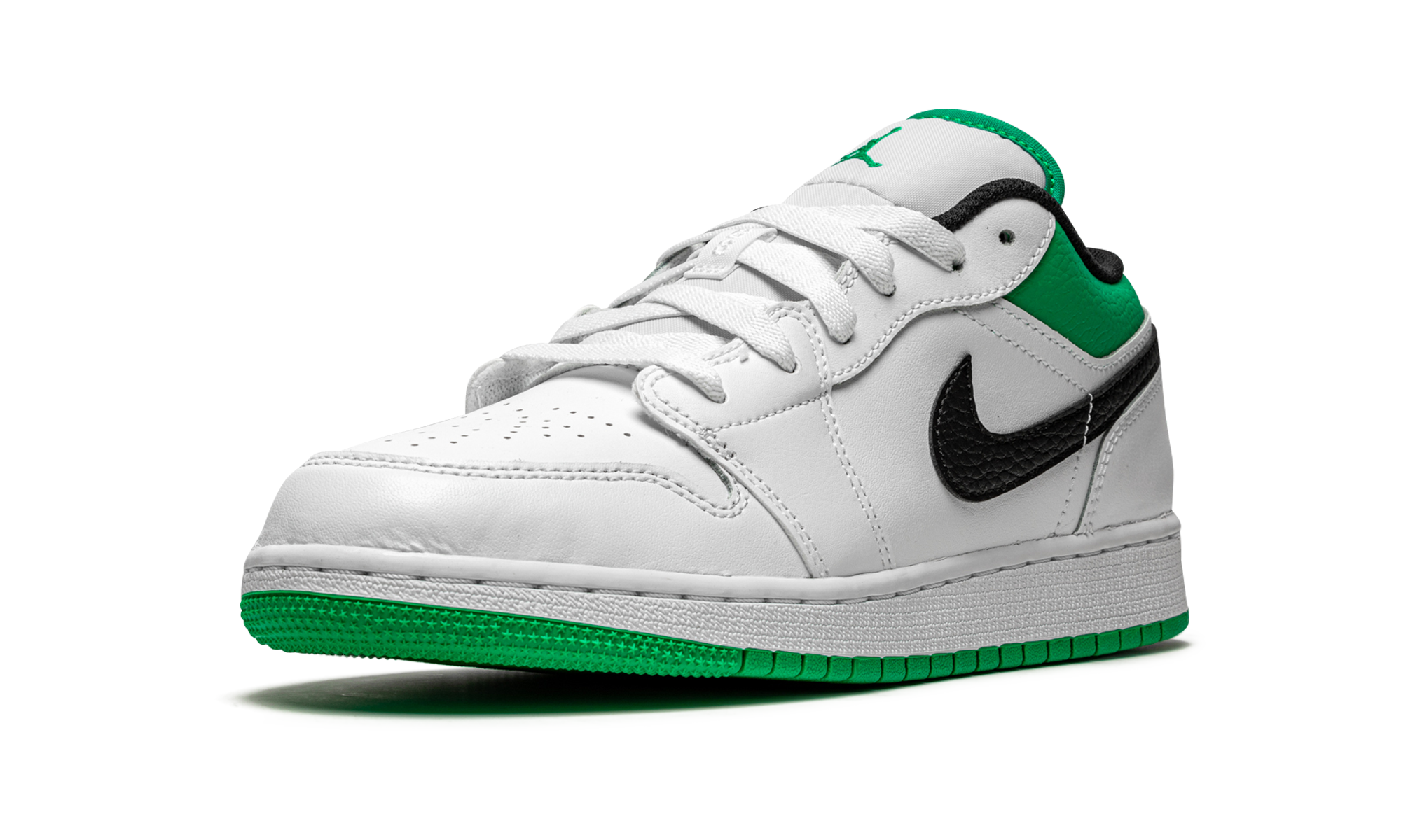 jordan 1 low white lucky green tumbled leather gs+553560-129+left diagnol single view