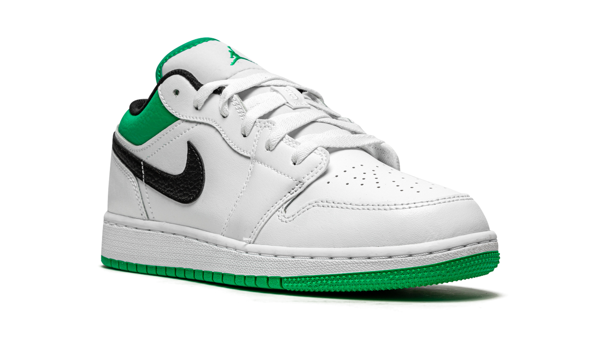 jordan 1 low white lucky green tumbled leather gs+553560-129+diagnol right view
