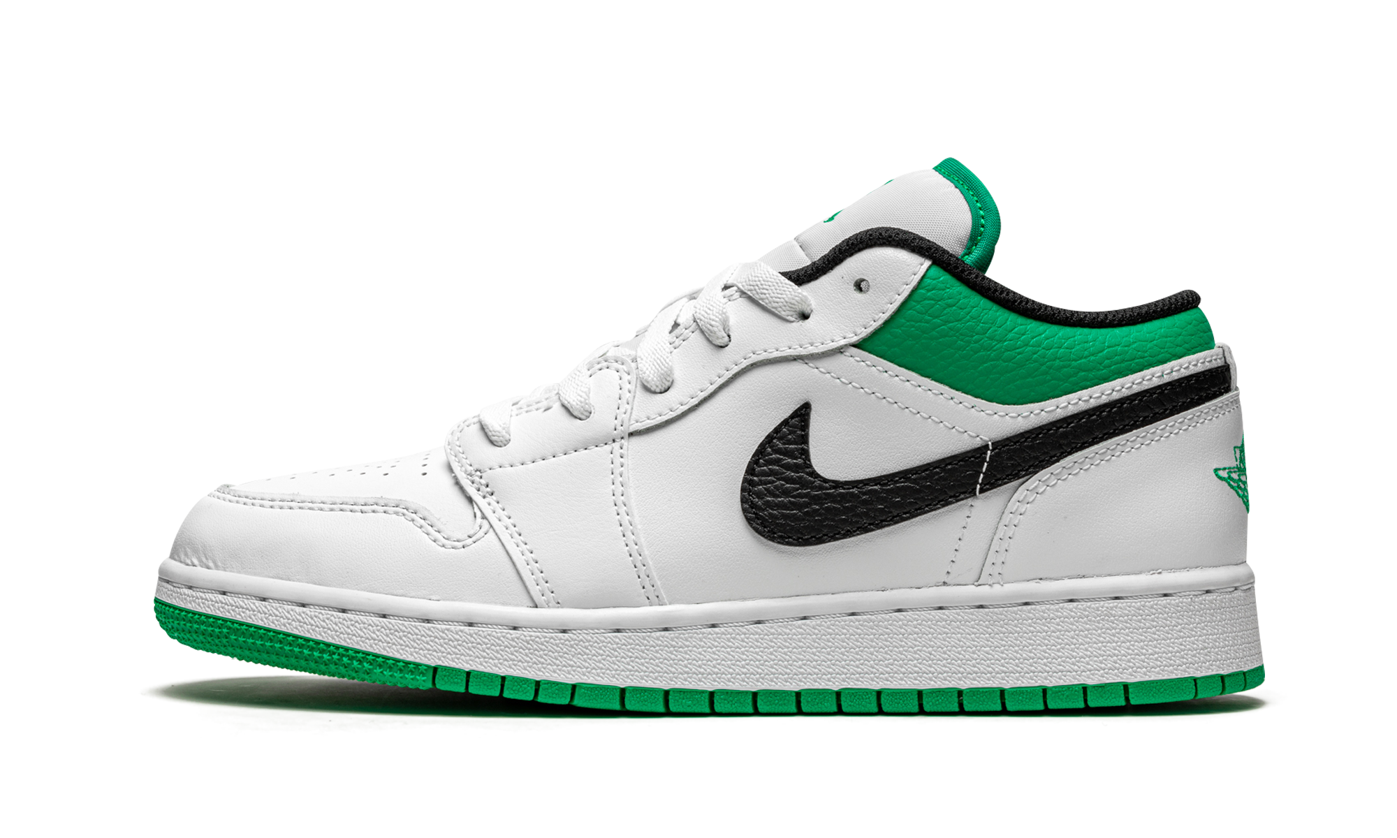 jordan 1 low white lucky green tumbled leather gs+553560-129+diagnol right view 1