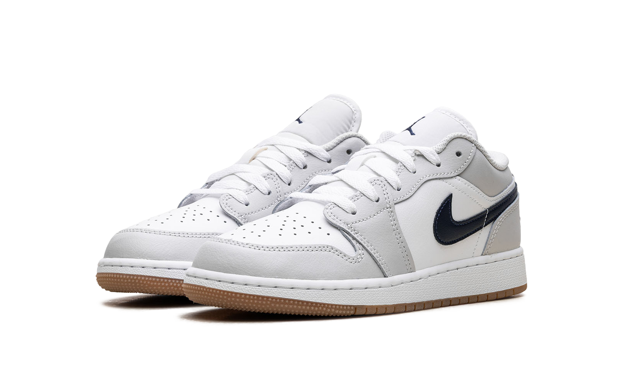 jordan 1 low white neutral grey gum midnight navy gs+553560-146+diagnol left view